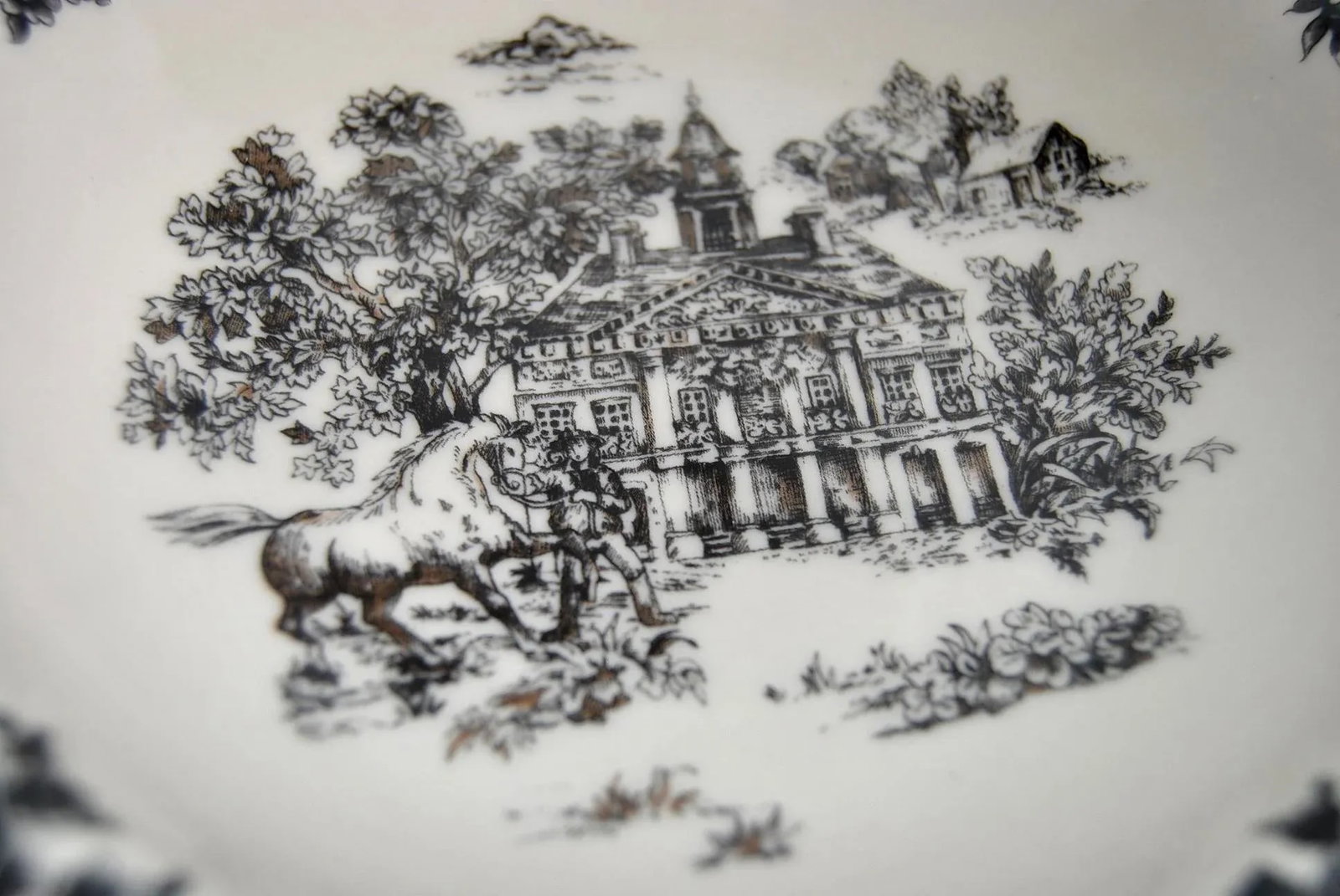 English Staffordshire Creamware Soup Plates Toile Black Equestrian Countryside - Set of 4 - 7