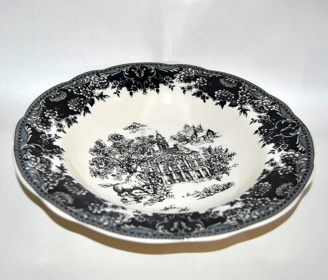 English Staffordshire Creamware Soup Plates Toile Black Equestrian Countryside - Set of 4 - 8