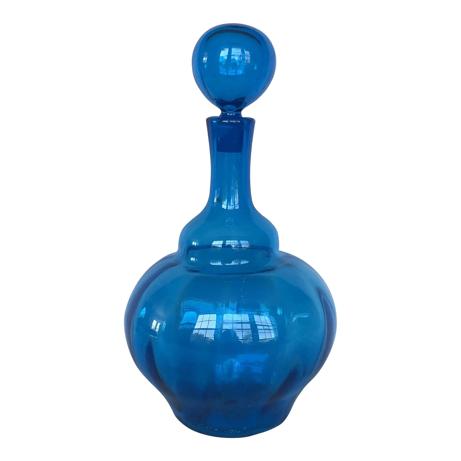 Mid Century Modern Hand Blown Art Glass Decanter: This super-sized hand-blown glass decanter jar in a classic shade of 1950s - 1960s blue will make a big statement in any home decor setting from vintage Mid Century Modern to a more contemporary trans