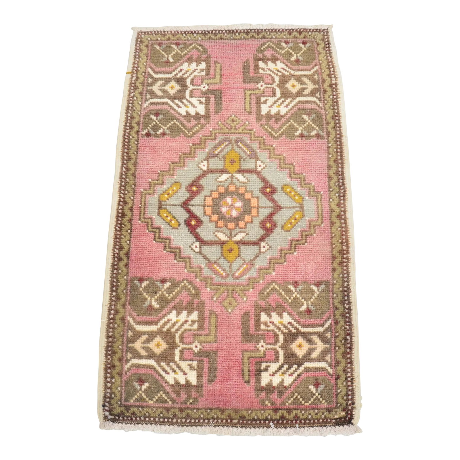 Pink Oushak Wool Handmade Faded Small Rug: 1960s Handmade wool and cotton rug in Turkish Anatolian Small Rug, Vintage Doormat Rug, Turkish Decorative Rug, Handmade wool Rug. One Of Kind traditional Rug with perfect design and colors.