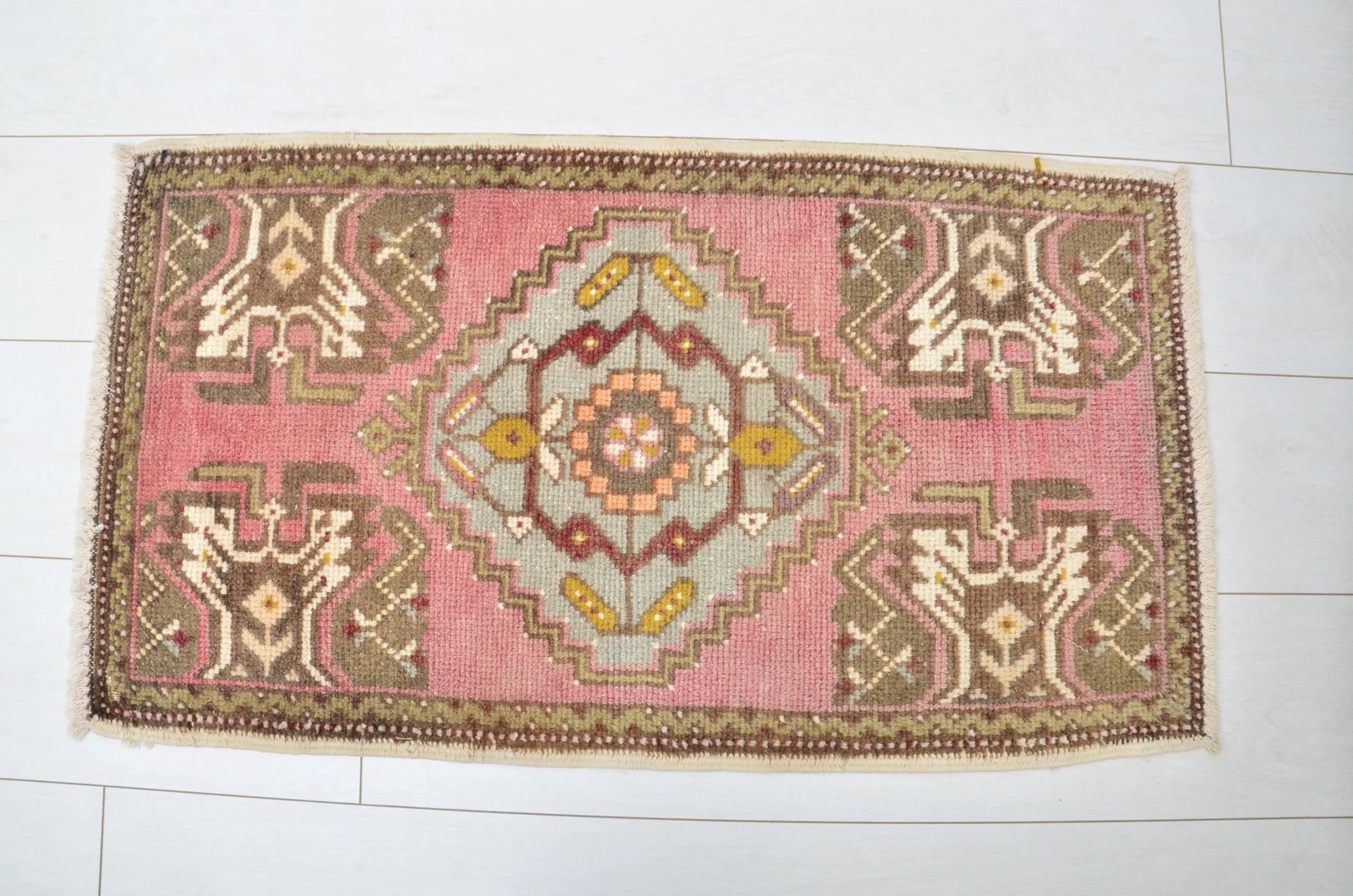 Pink Oushak Wool Handmade Faded Small Rug - 2