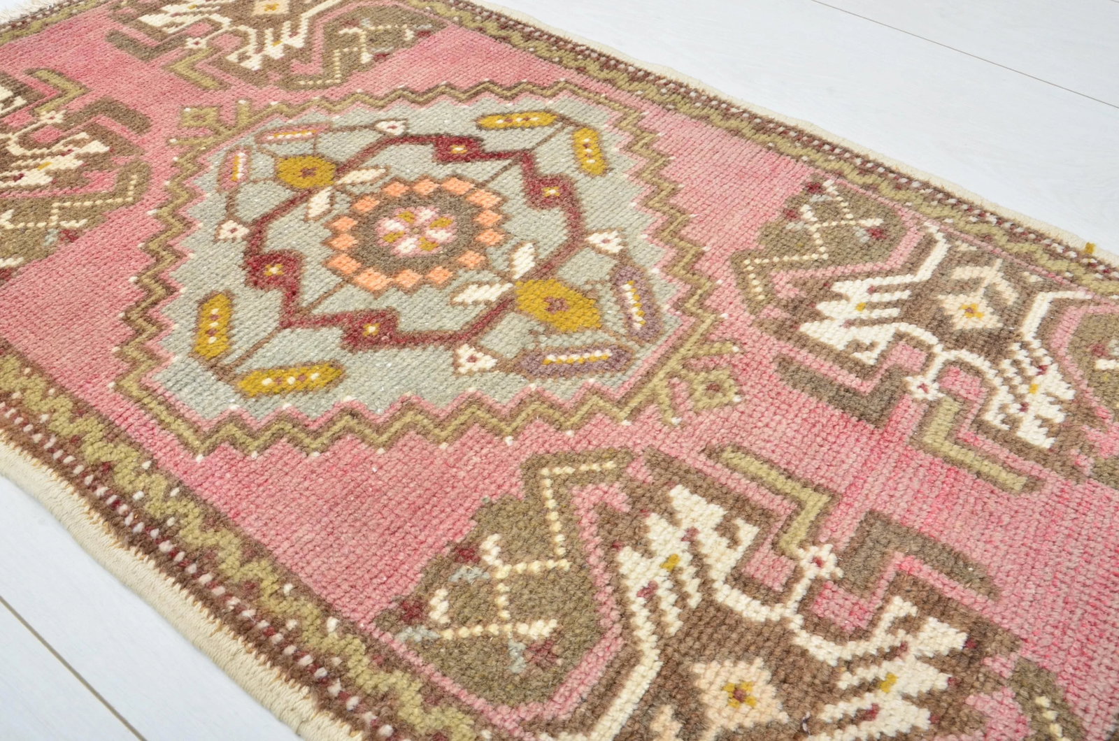 Pink Oushak Wool Handmade Faded Small Rug - 4