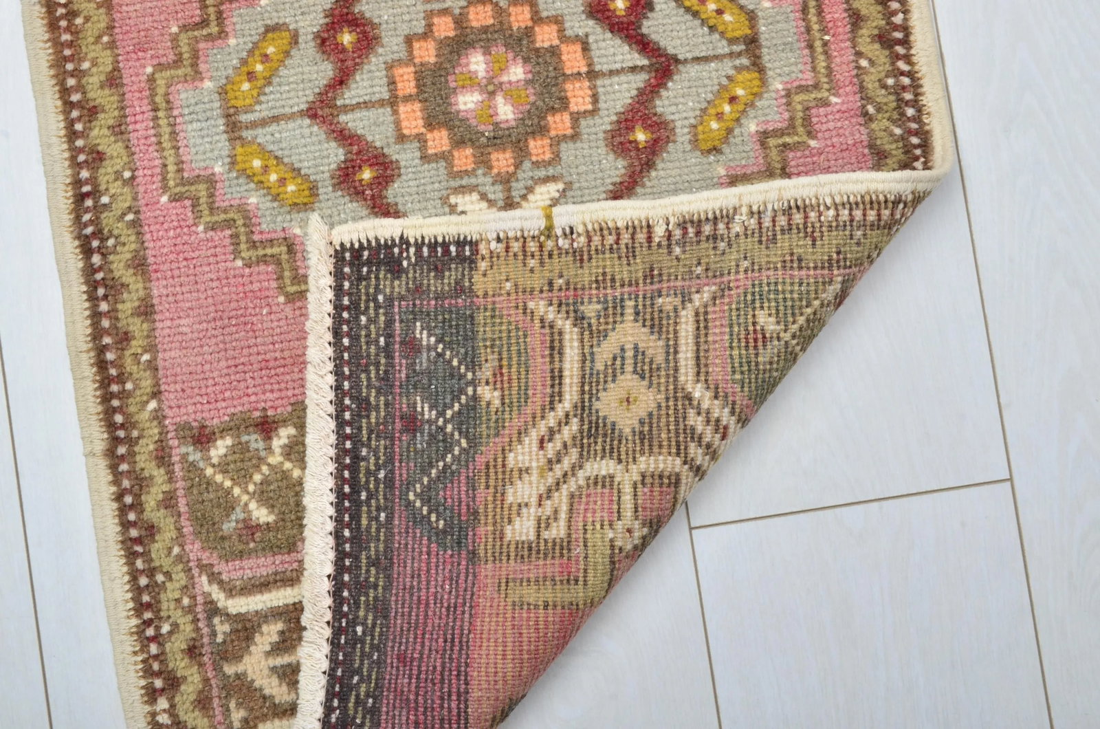 Pink Oushak Wool Handmade Faded Small Rug - 5