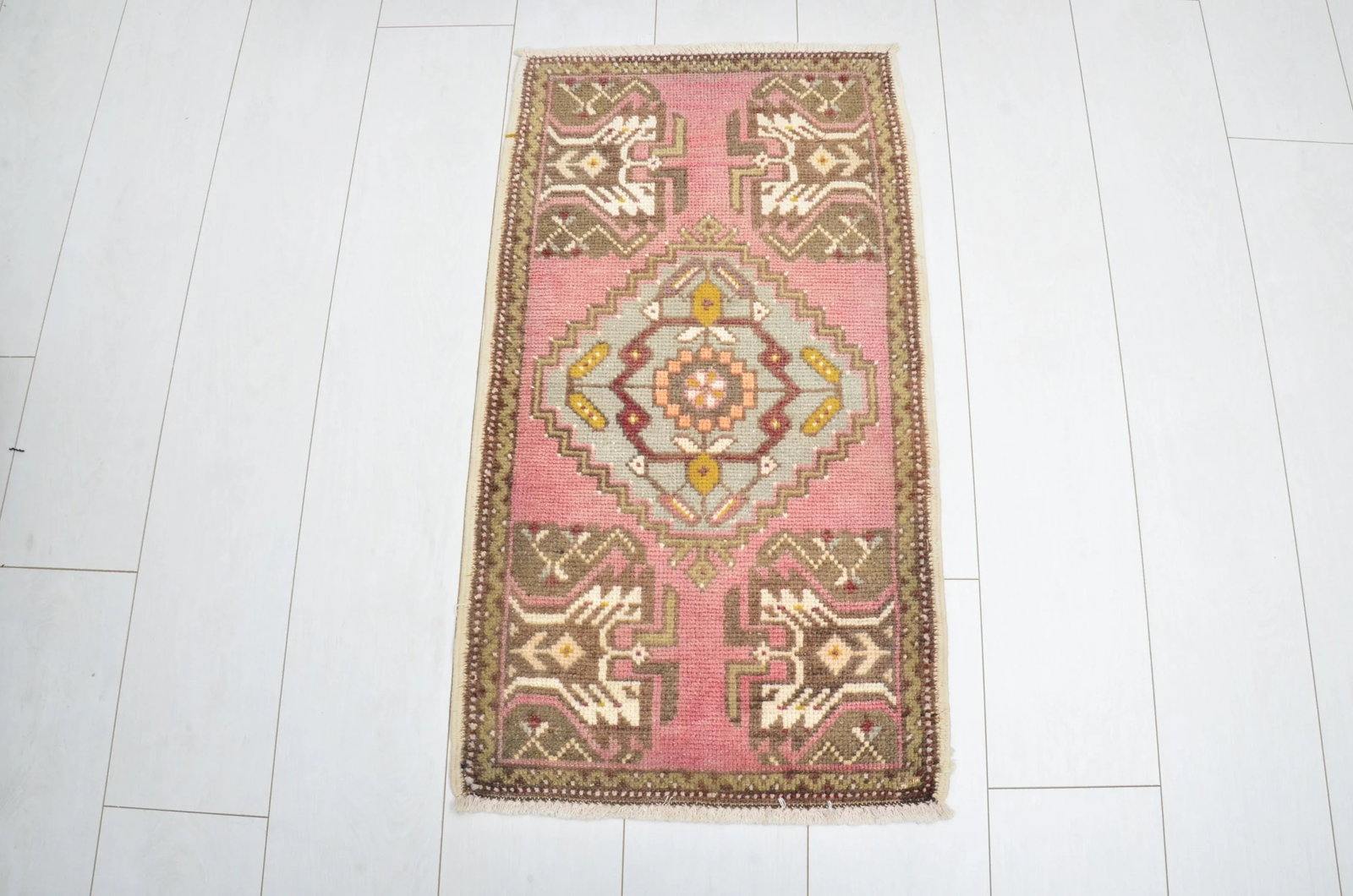 Pink Oushak Wool Handmade Faded Small Rug - 6
