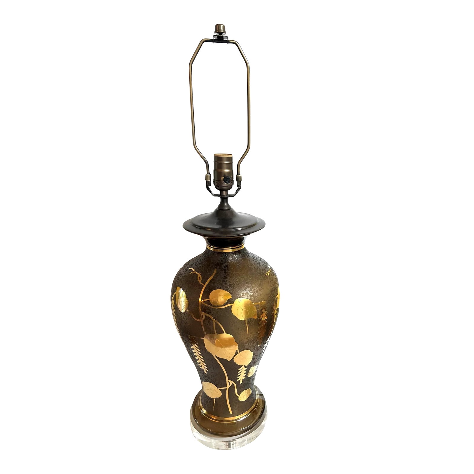 Vintage 1920s French Glass Lamp With Gilt Floral Design: The vintage tall glass lamp has an interesting textured surface which is decorated with an applique of gold leaves, vines and fern like leaves. The hour glass shape is very pleasing. The electrical fi