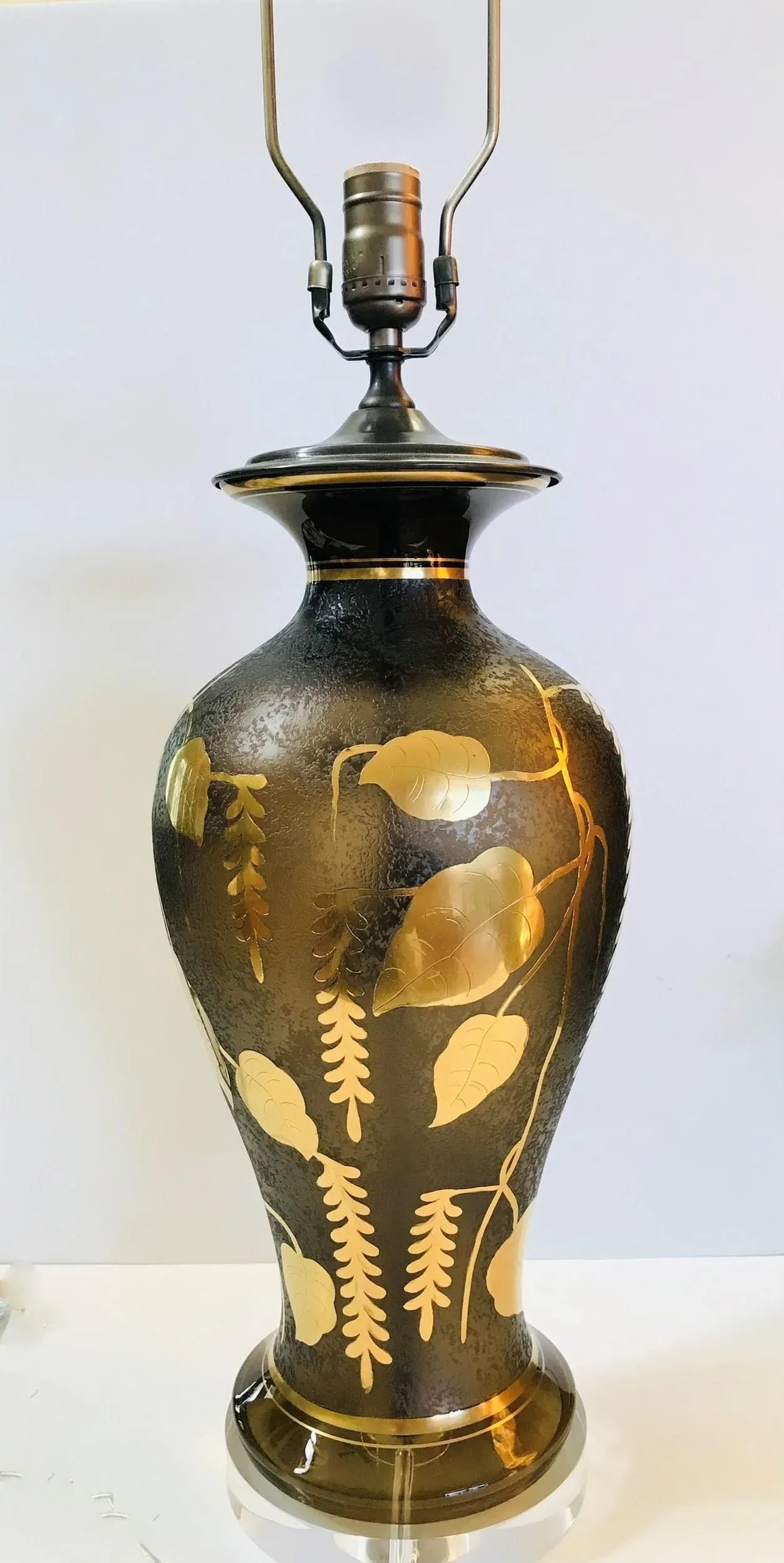 Vintage 1920s French Glass Lamp With Gilt Floral Design - 2
