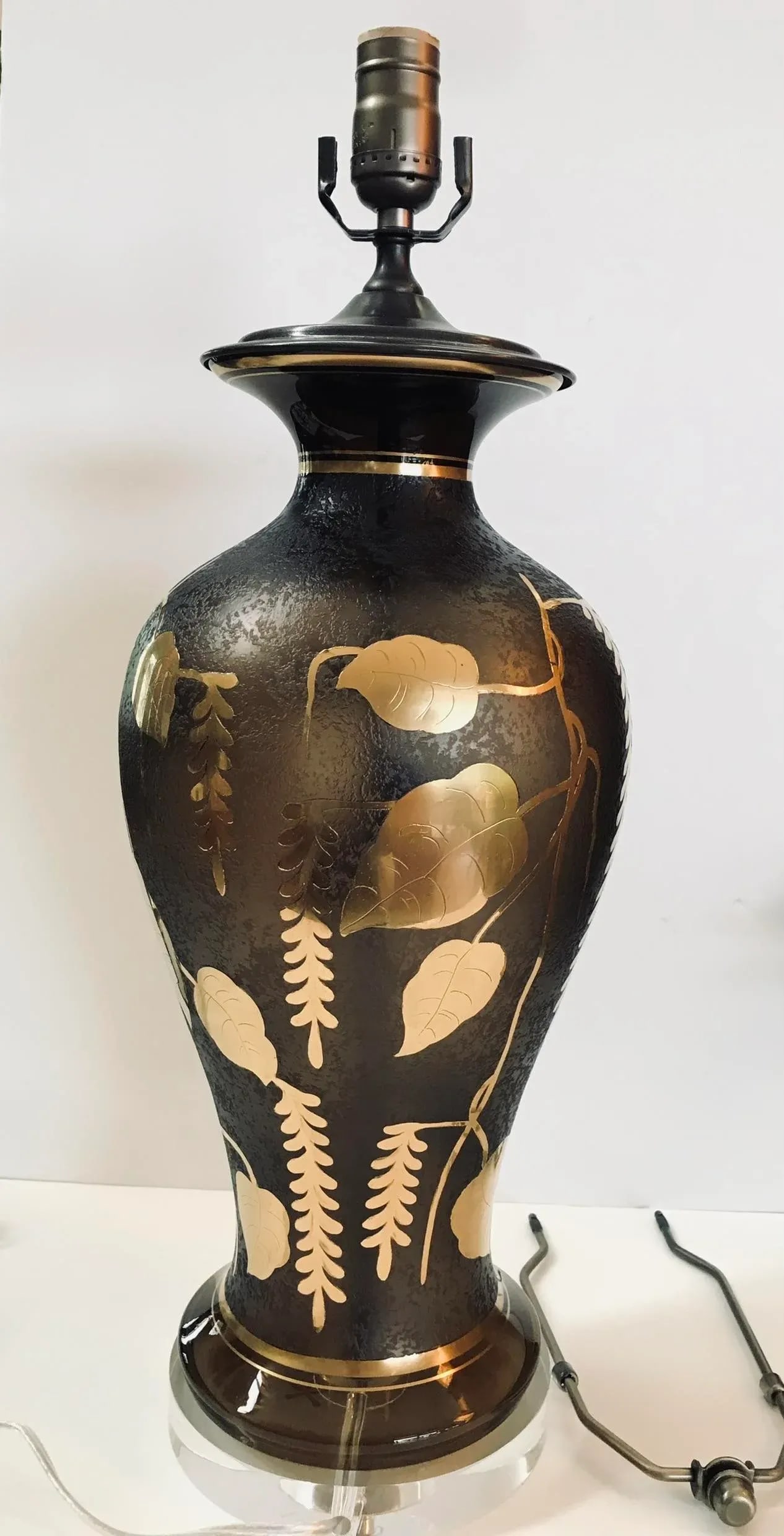Vintage 1920s French Glass Lamp With Gilt Floral Design - 3
