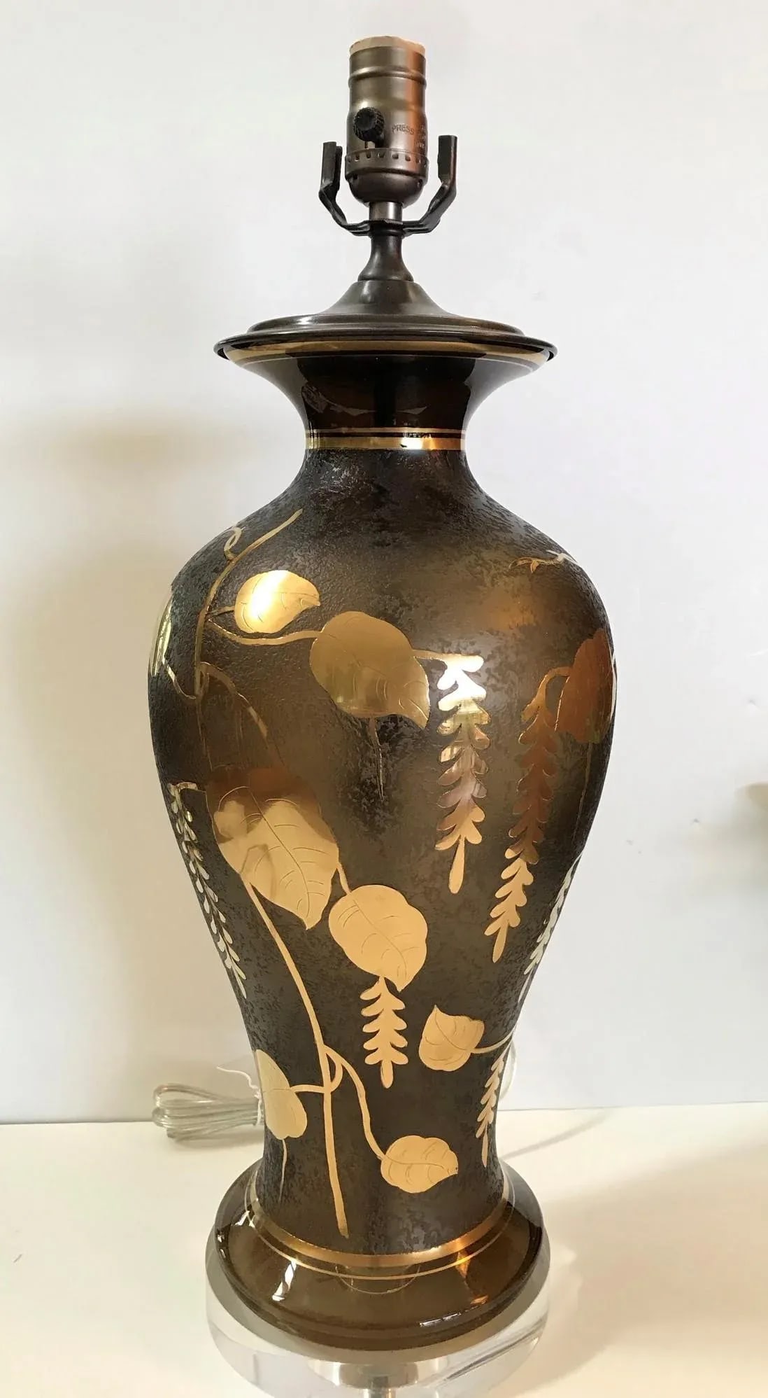 Vintage 1920s French Glass Lamp With Gilt Floral Design - 5