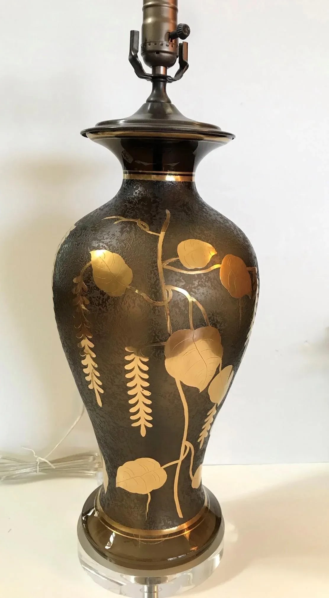 Vintage 1920s French Glass Lamp With Gilt Floral Design - 6