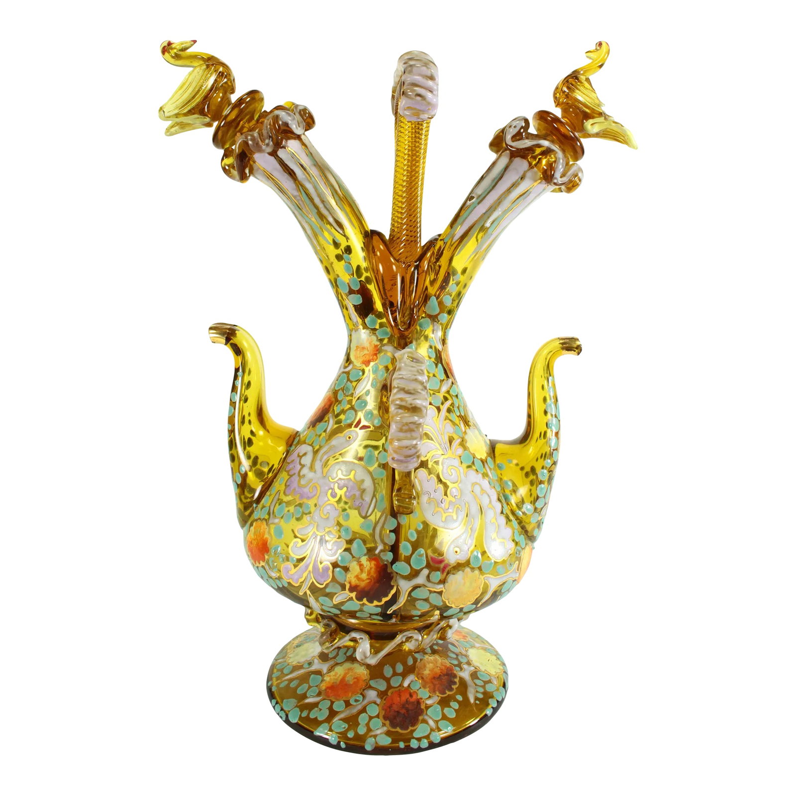 1920's-50's Double Cruet Decanter Art Glass Enameled & Gilt Genis Cirera Spain: An amazing early to mid 20th century art glass wedding decanter or cruet All mouth blown, hand molded and hand painted enameled glass, aka Moser style Amber brown color Intricate shape with two sectio