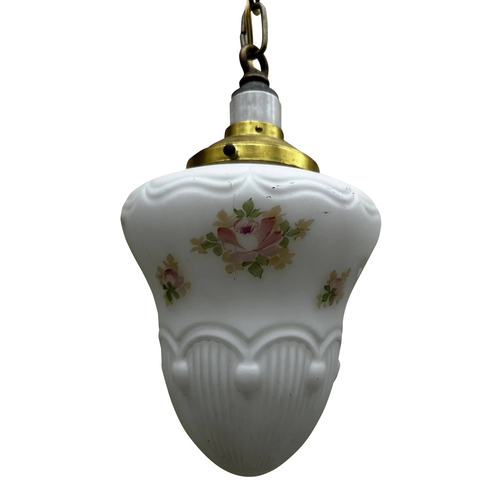 Vintage Brass Hanging Fixture With Vintage Shade: Old Lights On is pleased to offer this vintage brass hanging fixture with vintage glass shade. It is rewired and ready to install. We ship everywhere. Excellent patina and condition. Follow us here fo