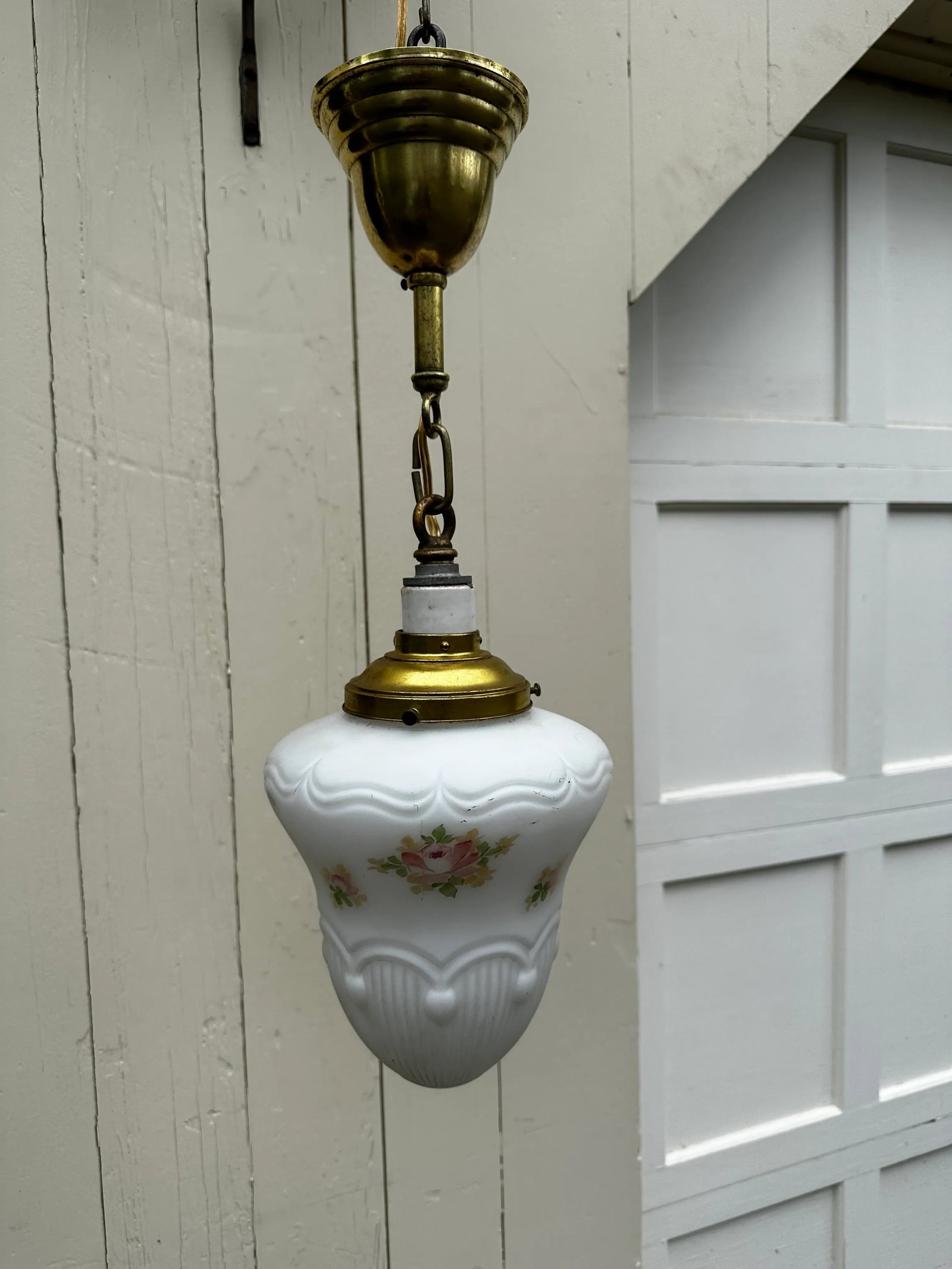 Vintage Brass Hanging Fixture With Vintage Shade - 2