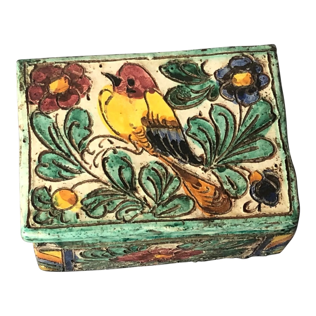 Antique Italian Ceramic Pottery Trinket Box With Lid: Display this decorative antique Italian ceramic pottery box on a home office desk, living room coffee table, hallway entry foyer console, or bedroom dresser, and use it as a catchall for small items.