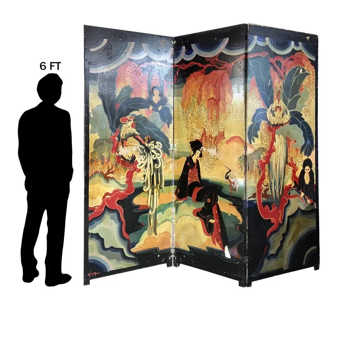 96" Monumental Asian Fantasy Artist Hand Painted Tripart Folding Screen - 12