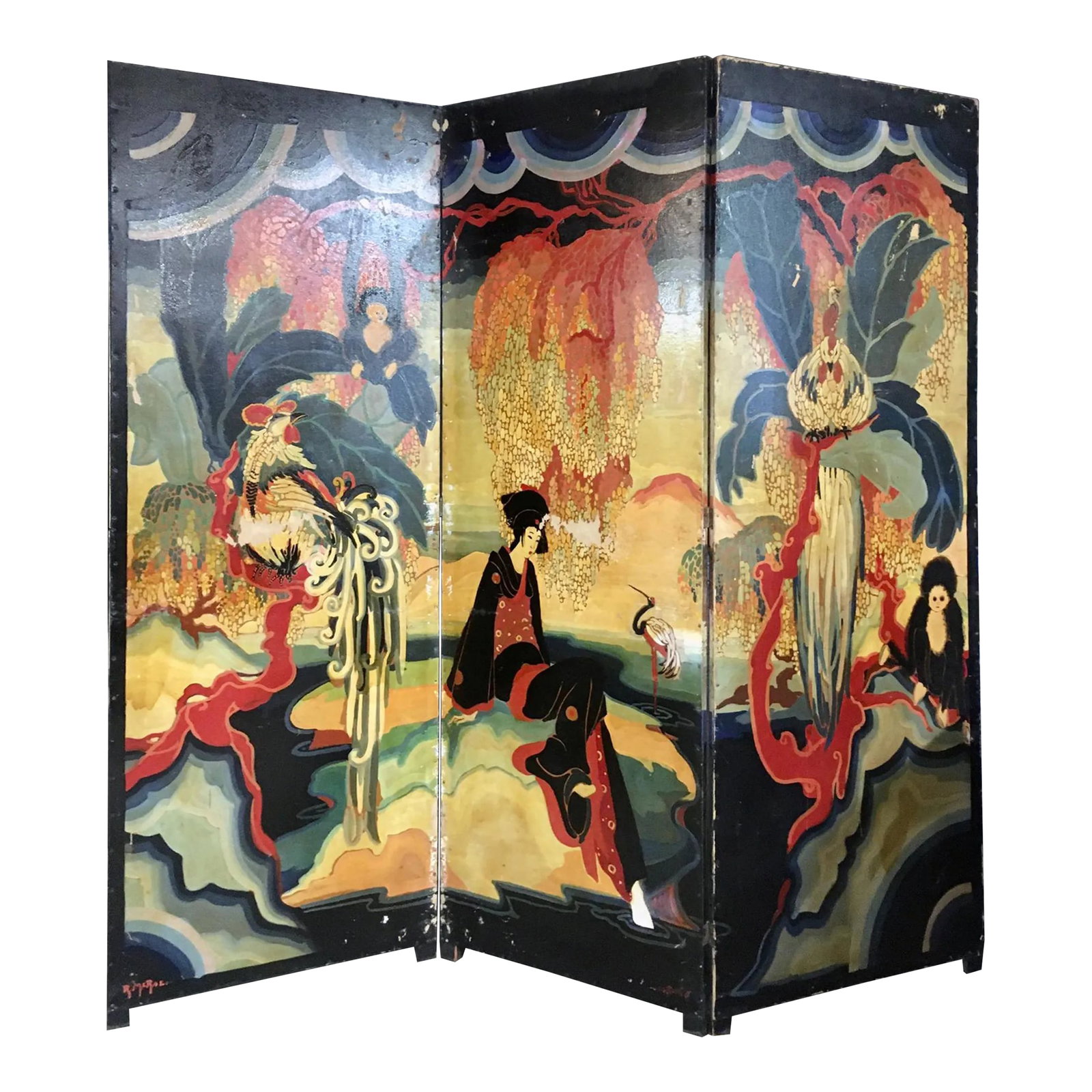 96" Monumental Asian Fantasy Artist Hand Painted Tripart Folding Screen: This fanciful and theatrical folding screen is huge in scale and a real show-stopper. The scene depicts a seated woman at the center of the screen amongst stylized foliage, a crane, a rooster, and