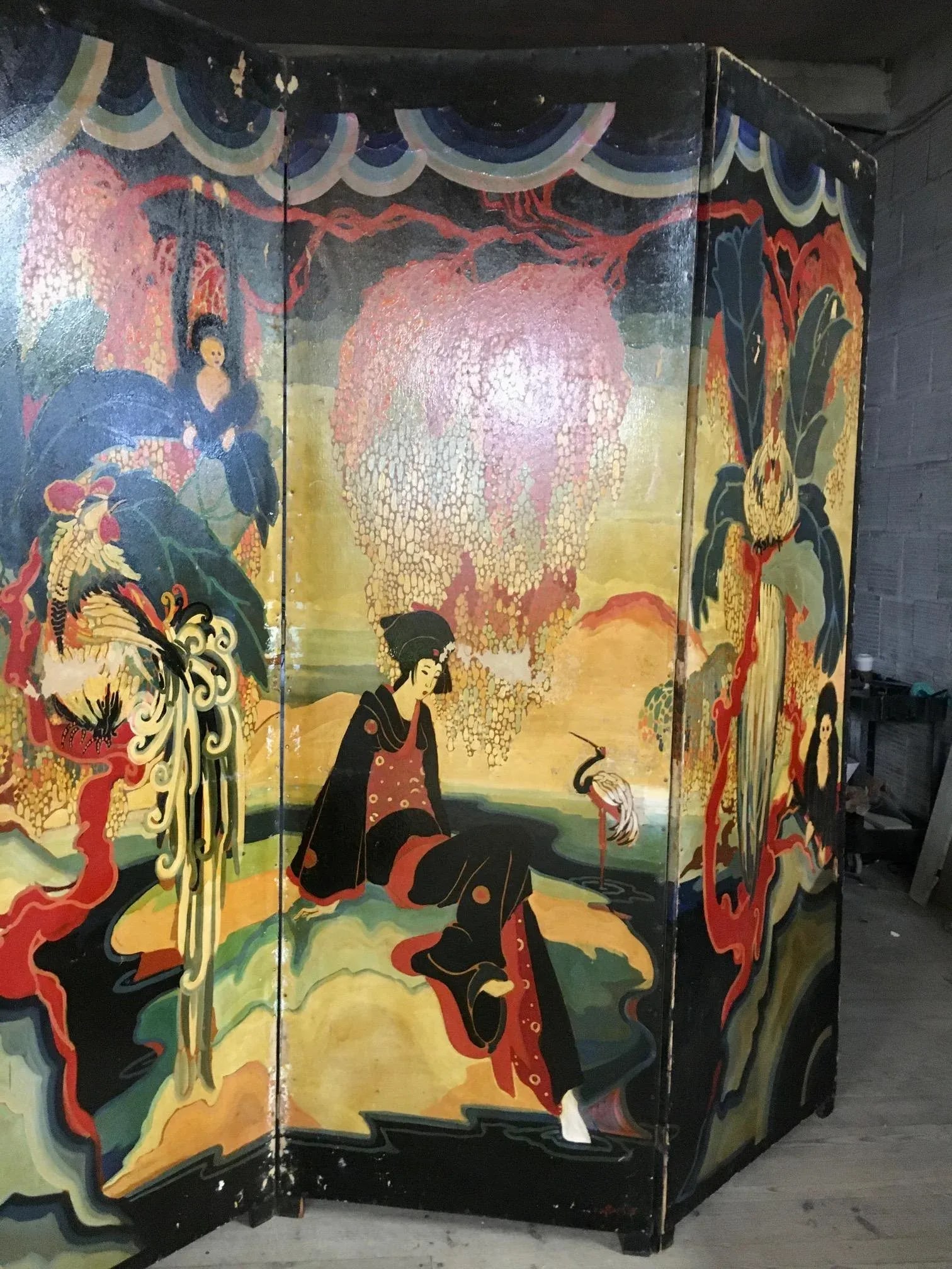96" Monumental Asian Fantasy Artist Hand Painted Tripart Folding Screen - 2