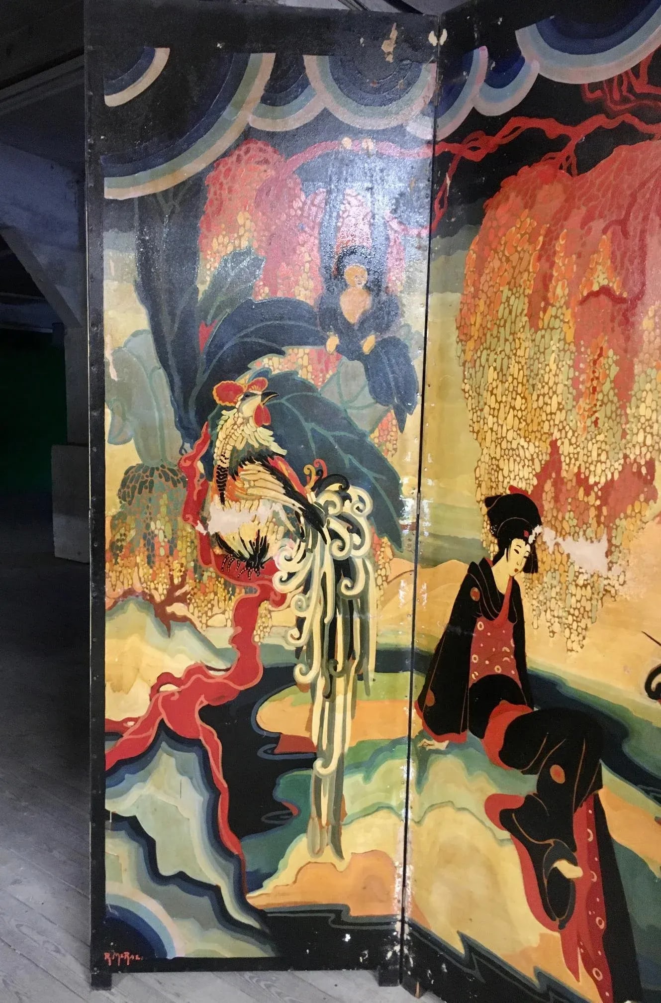 96" Monumental Asian Fantasy Artist Hand Painted Tripart Folding Screen - 3