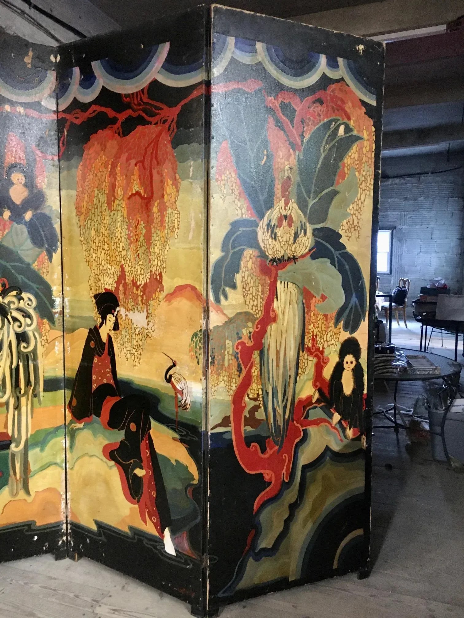 96" Monumental Asian Fantasy Artist Hand Painted Tripart Folding Screen - 4