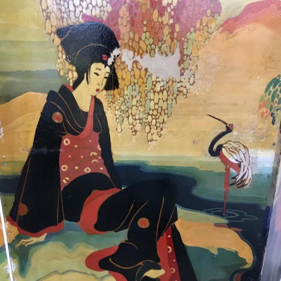 96" Monumental Asian Fantasy Artist Hand Painted Tripart Folding Screen - 5