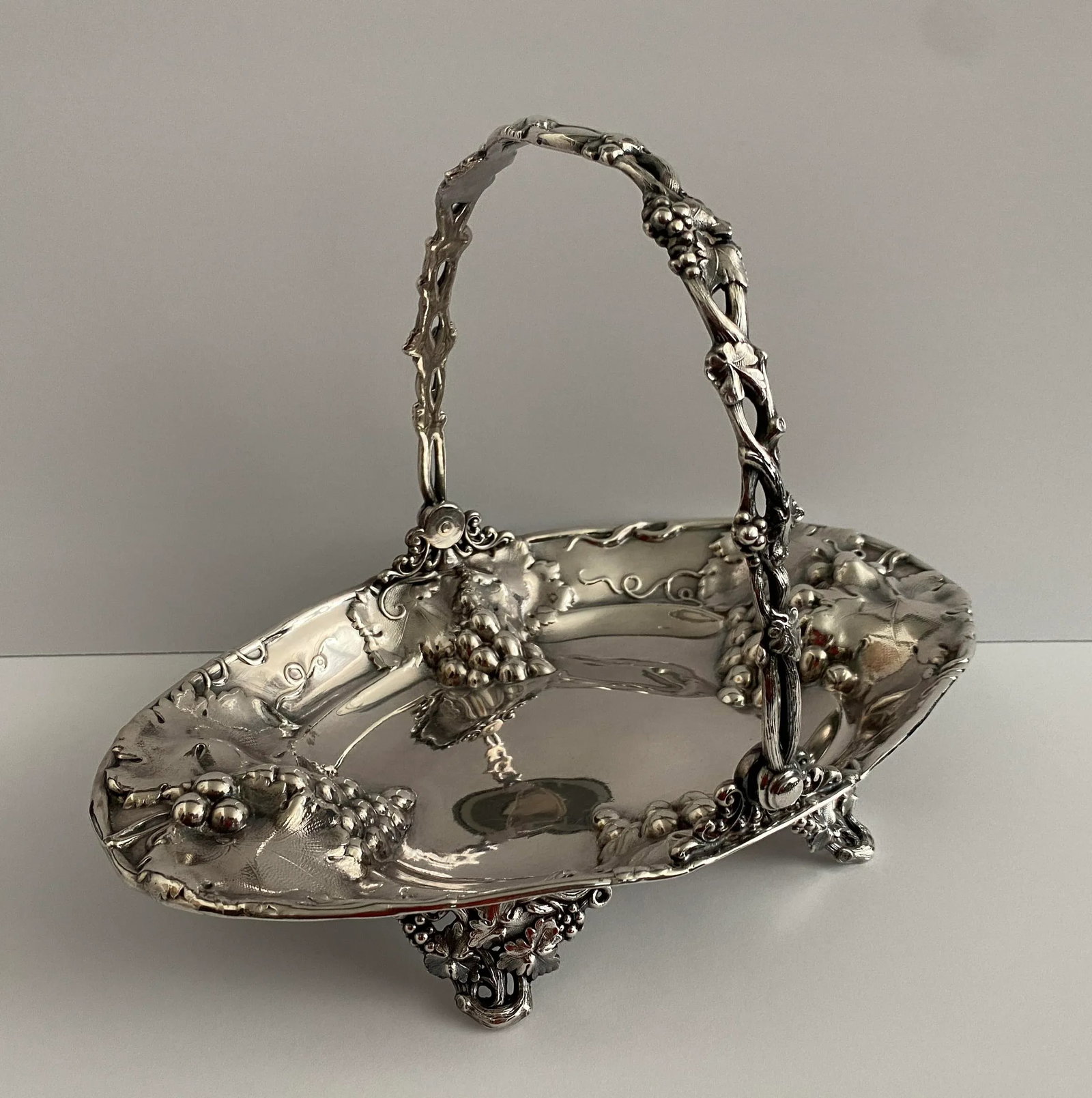 Antique Silverplate Grape Vine and Leaf Basket - 13
