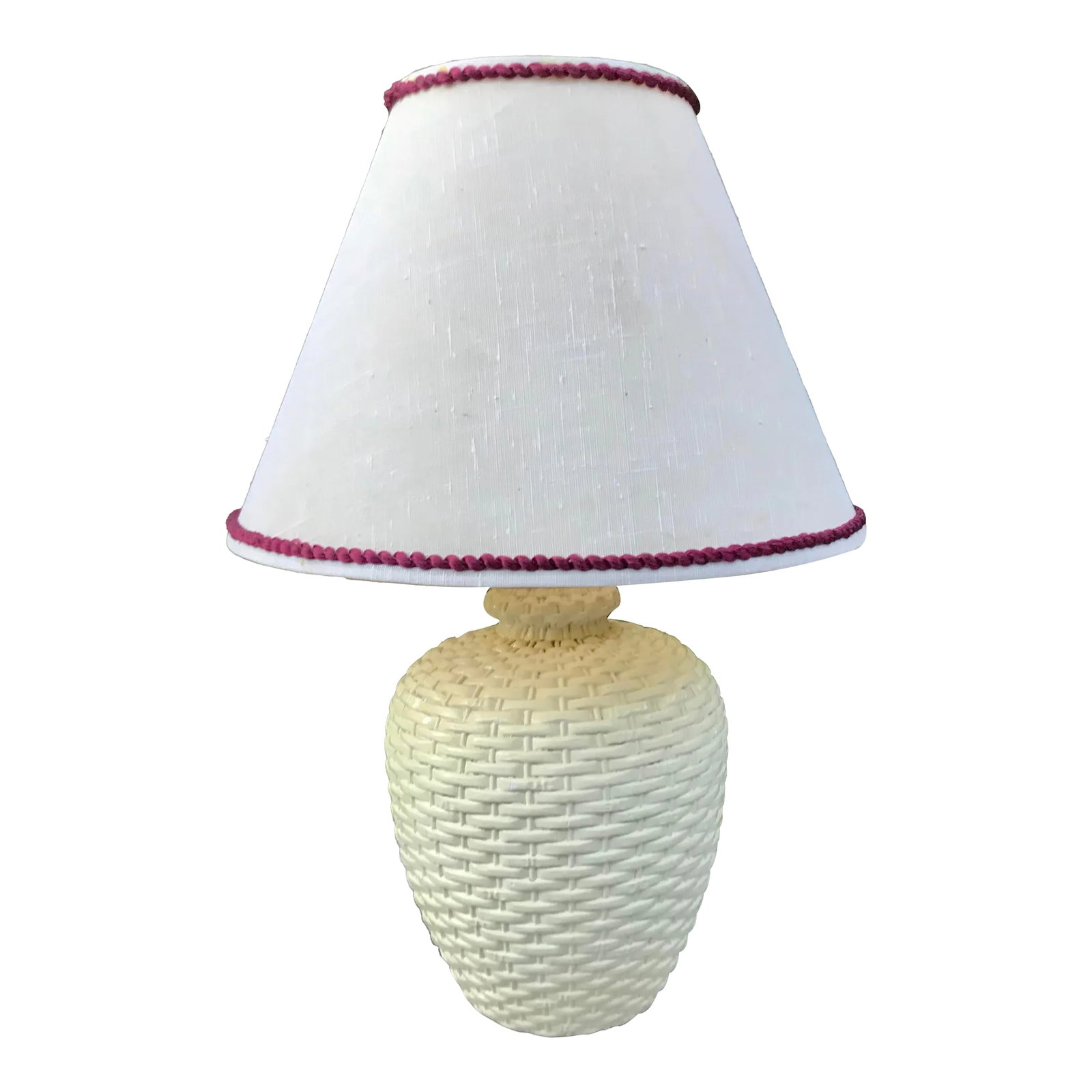1940's Hollywood Regency White "Wicker" Ceramic Lamp With Shade: This vintage lamp perfectly captures the texture and shape of a great wicker lamp. The fact that it is really made of a heavy creamy white ceramic adds a "wow" factor that really catches the eye. The 