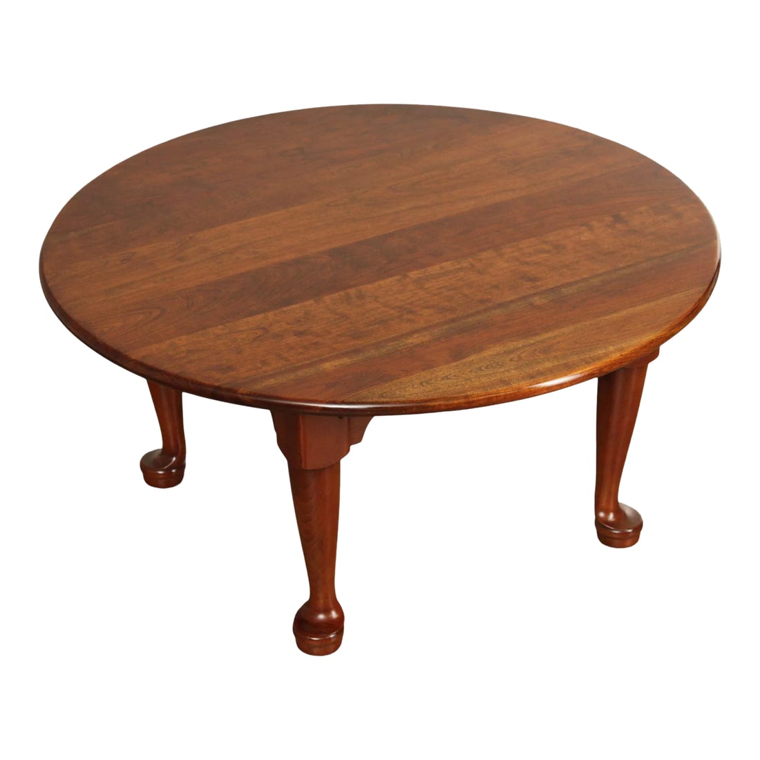 Vintage Stickley Queen Anne Style Round Cherry Coffee Table: High Quality American Made Vintage Round-Top Solid Cherry Coffee or Cocktail Table By Stickley Condition: Alterations: Original Design Modified Imperfections: Some Imperfections Condition Notes: