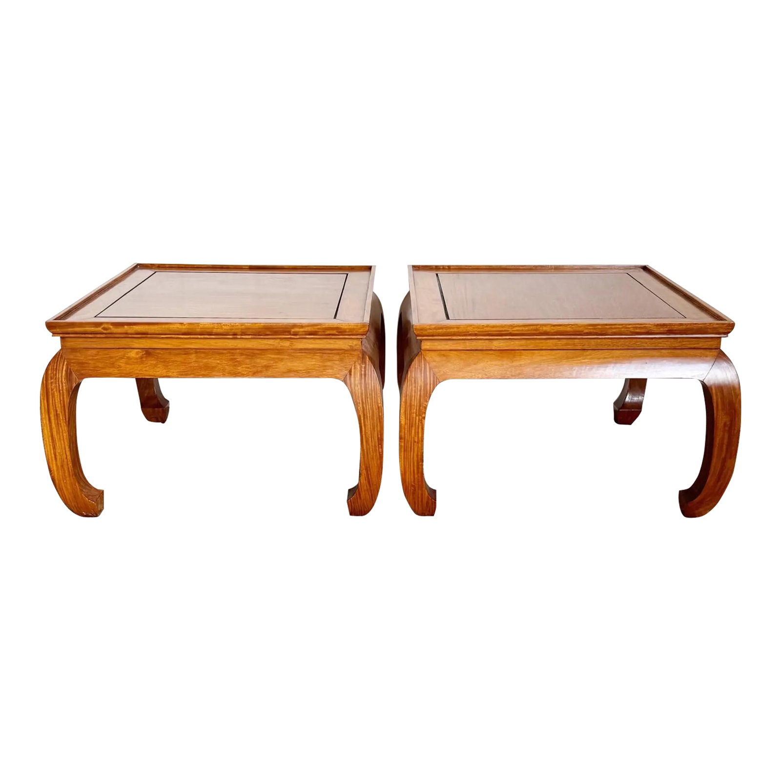 Chinoiserie Ming Style Wooden Side Tables - a Pair: The Chinoiserie Ming Style Wooden Side Tables in a pair reflect an East meets West aesthetic, with their design drawing inspiration from the traditional Chinese Ming dynasty furniture styles. These