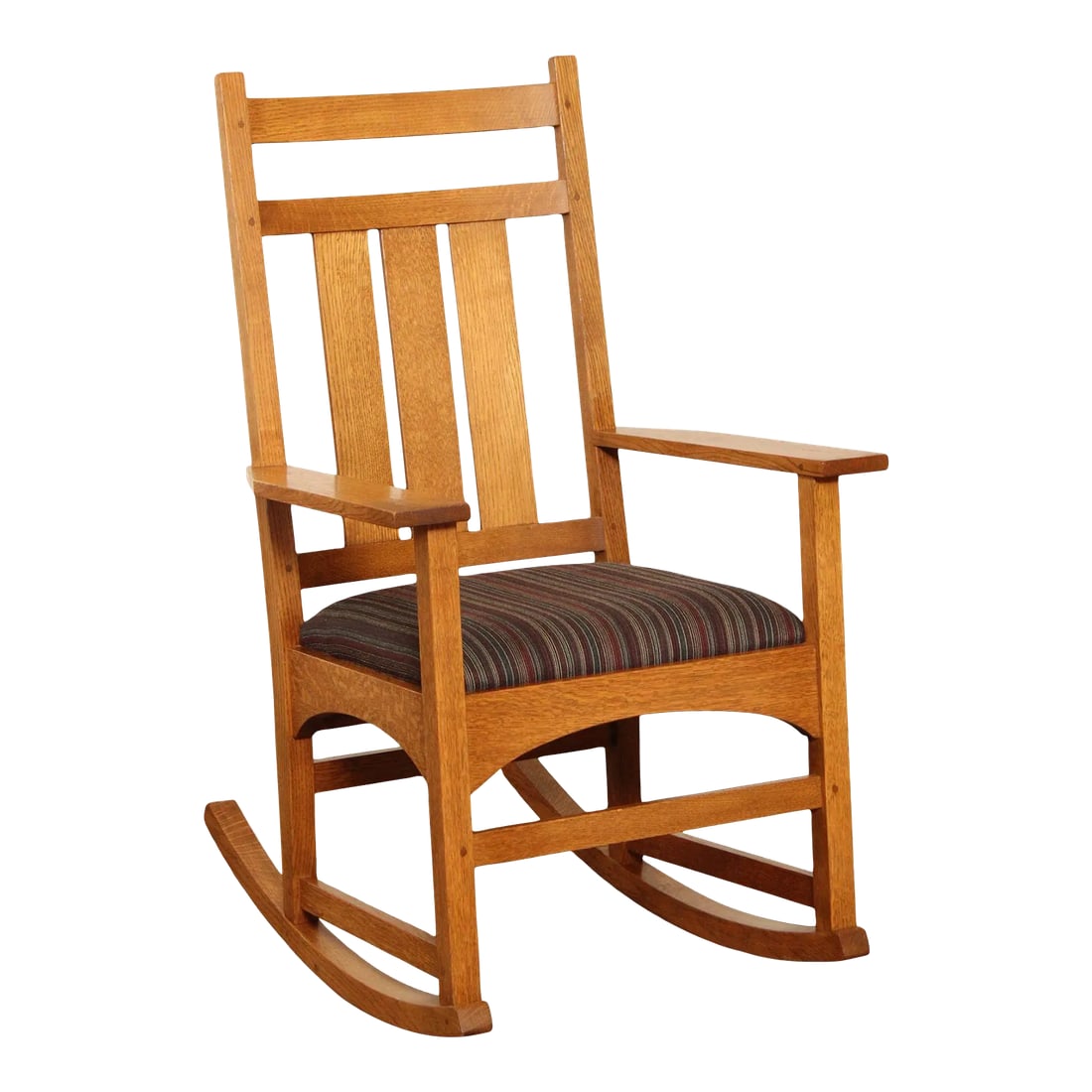 Stickley Mission Collection Harvey Ellis Oak Rocking Chair: High Quality American Made Solid Oak Wood Rocker with Custom Upholstered Seat, #35 Finish by Stickley Condition: Alterations: Original Condition Unaltered Imperfections: Some Imperfections Condition N