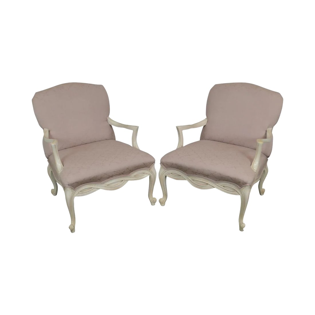 French Louis XV Style Custom Paint Frame Fauteuils Lounge Chairs - a Pair: French Louis XV Style Custom Pair of Paint Frame Fauteuils Lounge Chairs AGE / ORIGIN: Approx. 25 years, America DETAILS / DESCRIPTION: High quality custom painted and upholstered pair of wide seat