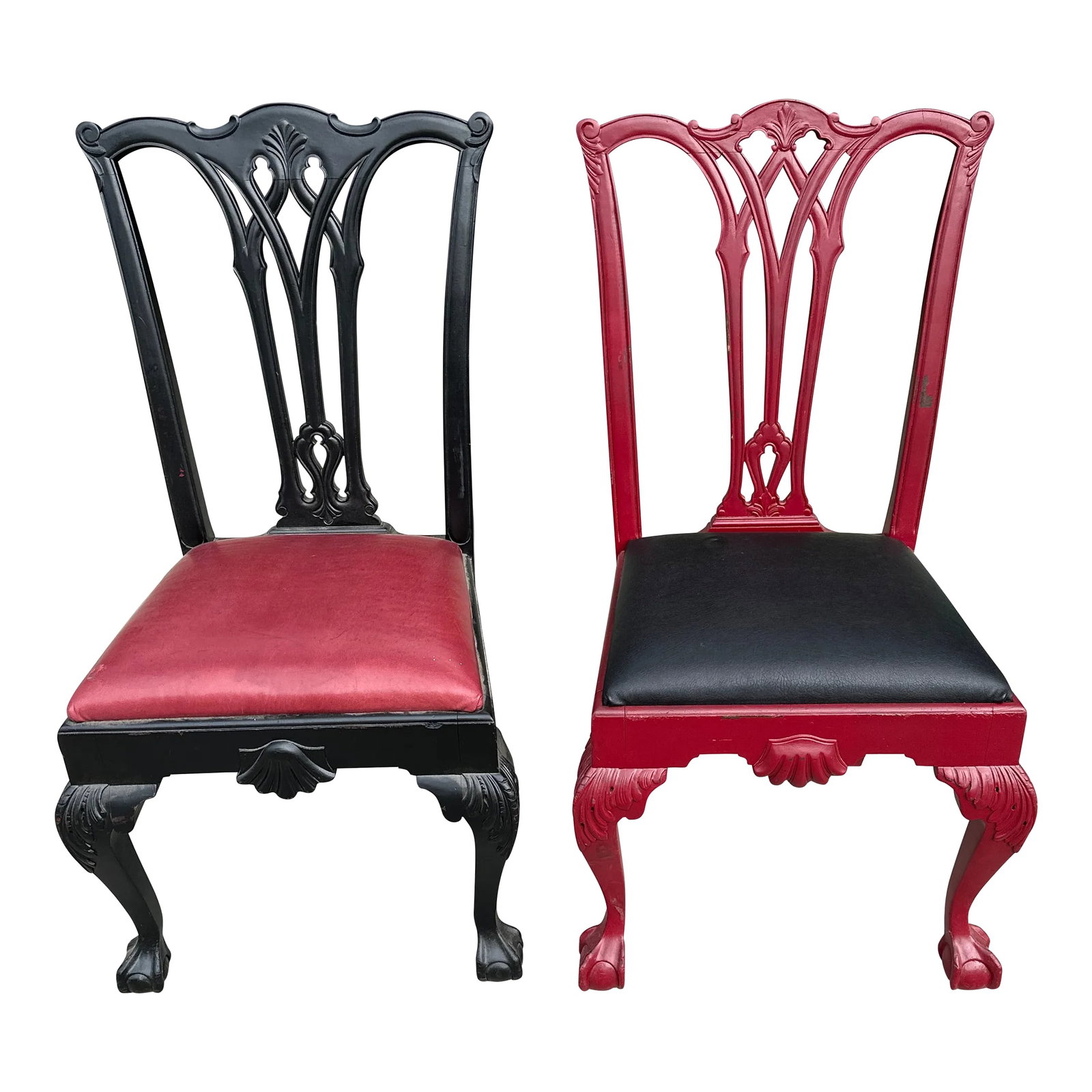 1940s Pair of English Chippendale Style Ball and Claw Foot Dining Chairs: Very nice pair of vintage English ball and claw Chippendale side dining chairs Perfect for the an assembled set or in a hall. Well constructed. One painted black with red upholstery and one painted re