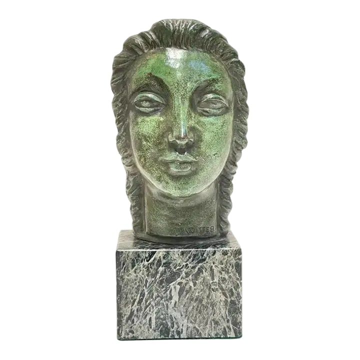 Early 20th Century European Art Deco Portrait Bust of a Lady: European Art Deco Portrait Bust of a Lady signed Lower Right 'Witter' Signed 'Witter' Possibly Belgian Artist Sculptor J.Witter A fine example of art deco sculpture, showing artistic influences of the