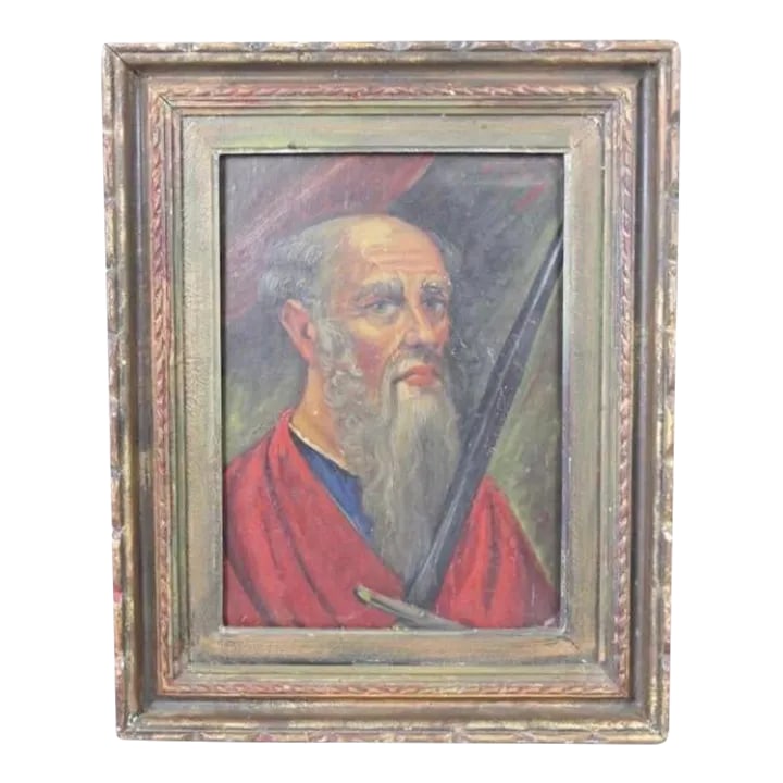 Framed Portuguese 19th Century Oil Portrait Painting of a Bearded Religious Man With Red Robes and S: A lovely painting of a grey bearded religious man holding a sword and wearing red robes. A Portuguese soldier Saint with a black sword so it wouldn't reflect moonlight Condition: Alterations: