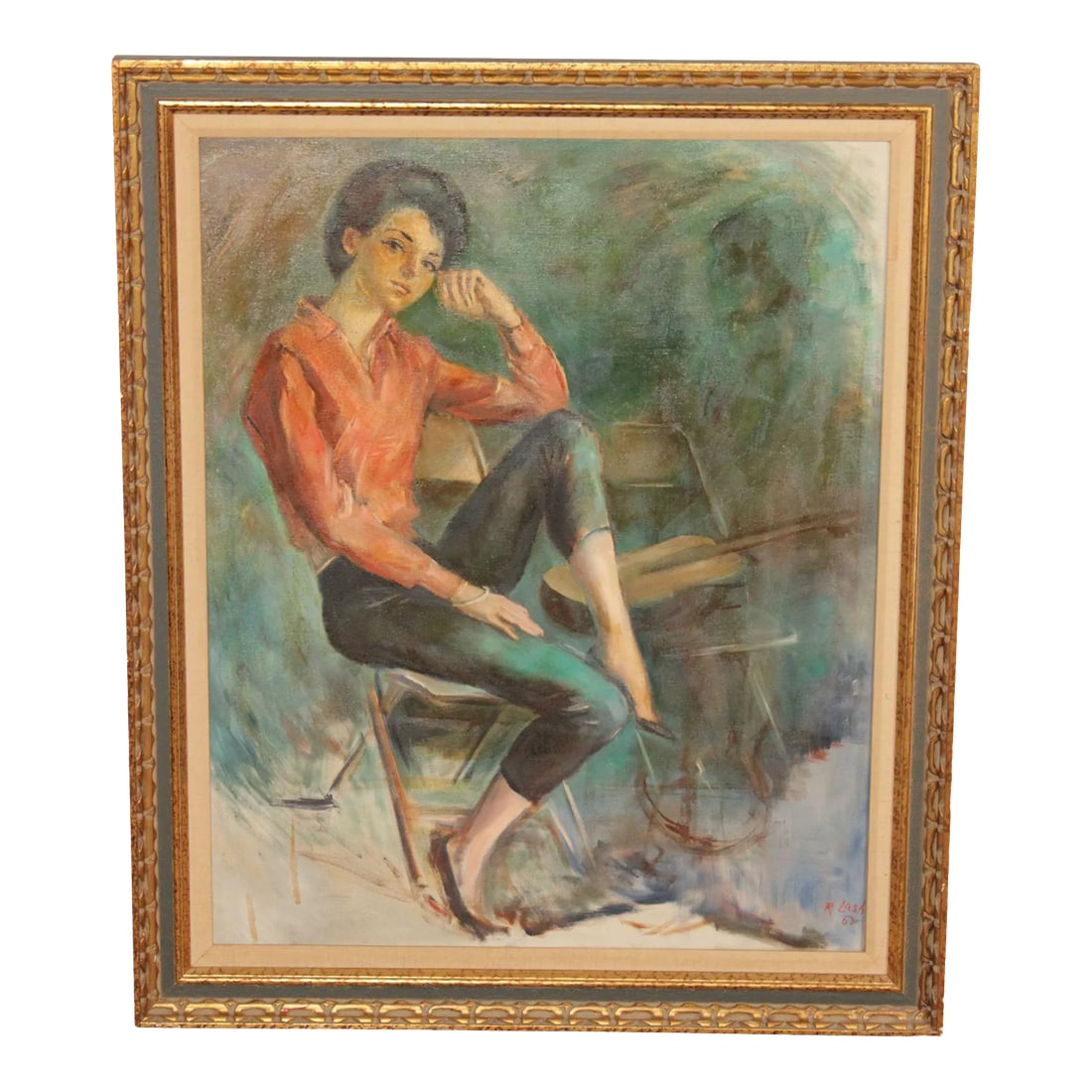 Ray Lash 1960s Portrait of Woman Original Oil Painting: Vintage Original Mid Century Artwork by Ray Lash (American, 20th C.), Figurative Portrait of Young Woman Sitting in Chair with Guitar, Oil on Canvas, Signed and Dated on the Lower Right 'R. Lash