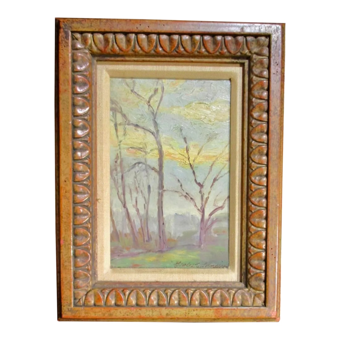 Winter Scene by Charles Svendsen 50s': Charles Svendsen (American 1871-1959). Expressionist and post-modern landscape of a winter scene with bare trees and soft misty light at the end of the day. Emotional and evocative statement by