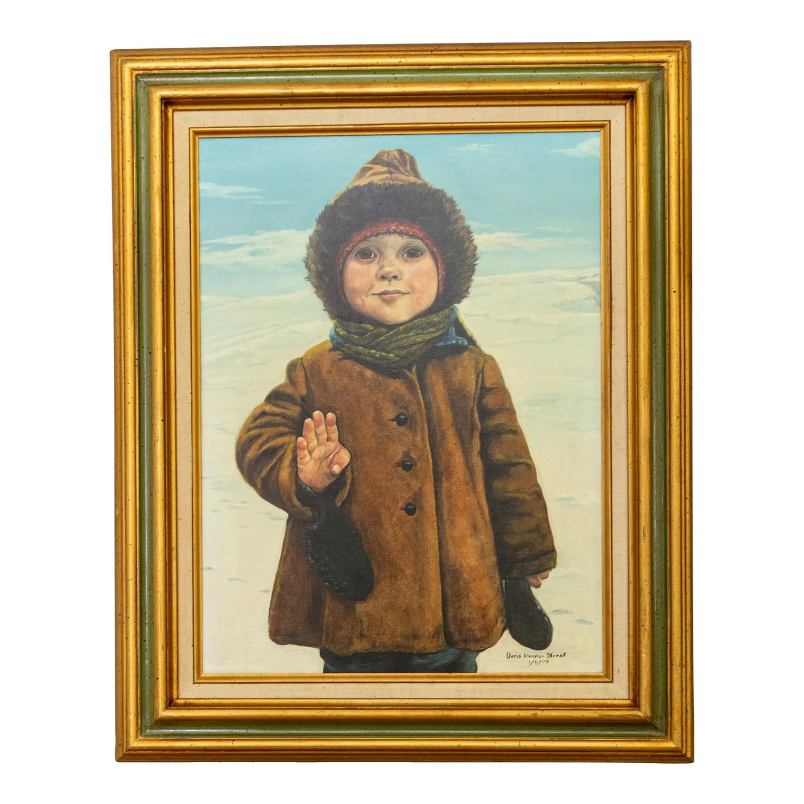 Oil Portrait Painting of a Child in the Snow | Signed and Framed: This original, vintage oil portrait on canvas depicts a young child standing at close range, bundled in a thick parka jacket in the foreground, with a snow and sky-filled background. They are holding 