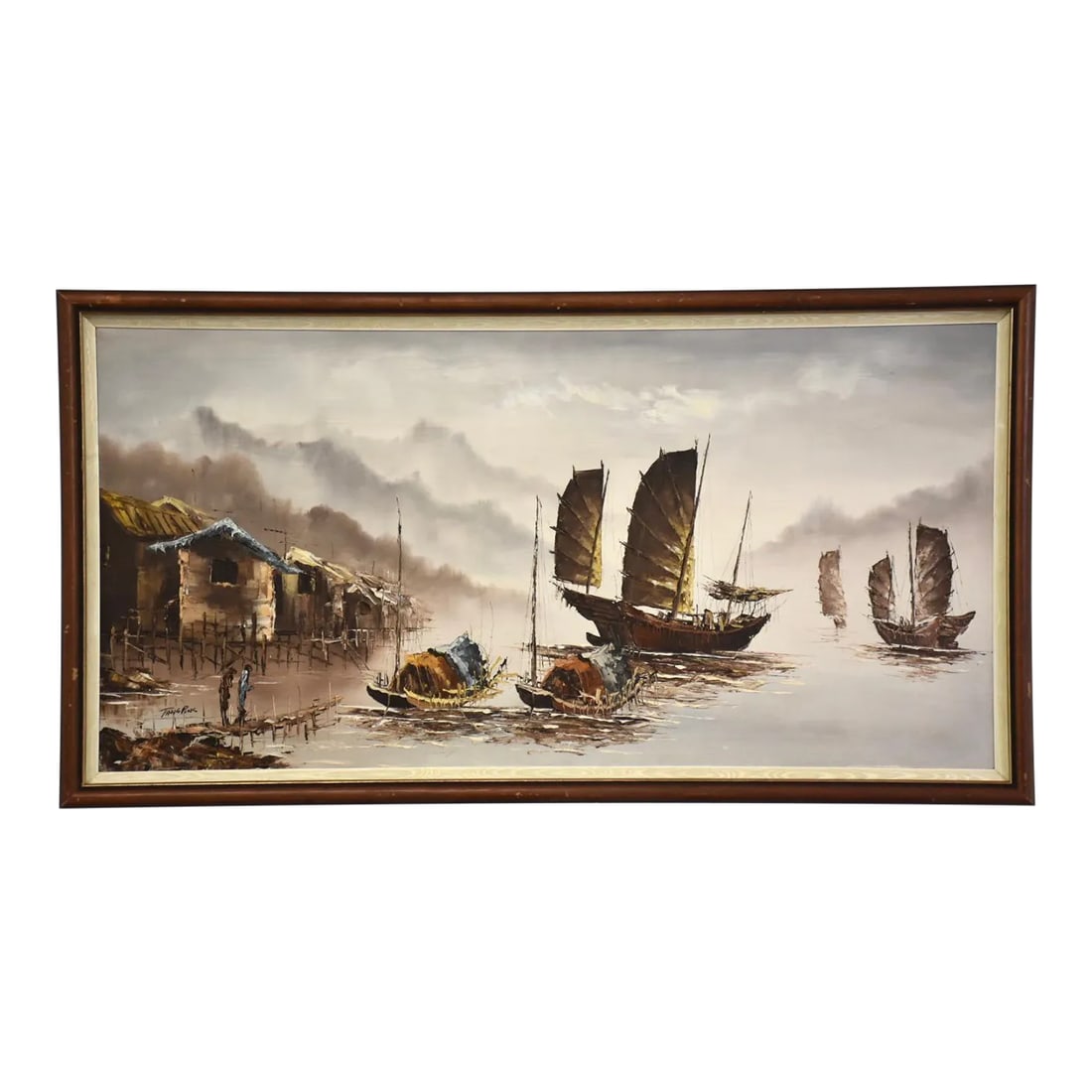 Tang Pins Oil on Canvas Painting: An oil on canvas painting of a coastal landscape with villagers signed Tang Pins. 50.5" wide. 27" tall. Condition: Alterations: Original Condition Unaltered Imperfections: Some Imperfections Condition