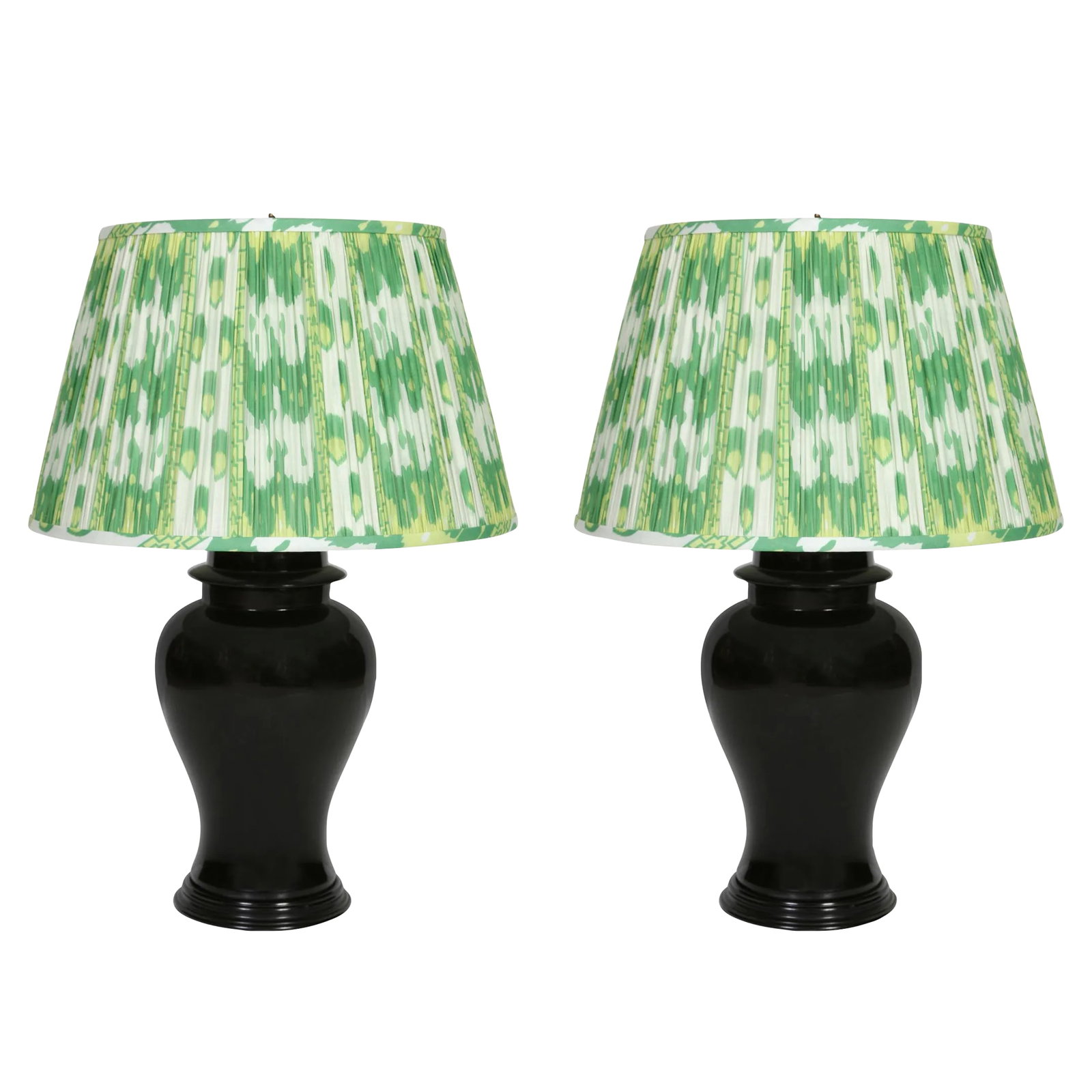 Pair Black Ceramic Urn Lamps With Wood Base: A pair of vintage black ceramic urn form lamps with wood base. The Chinese lamps resemble a curved covered jar sitting on a ribbed wooden base. Measures 17 inches to socket. Shades are sold separately