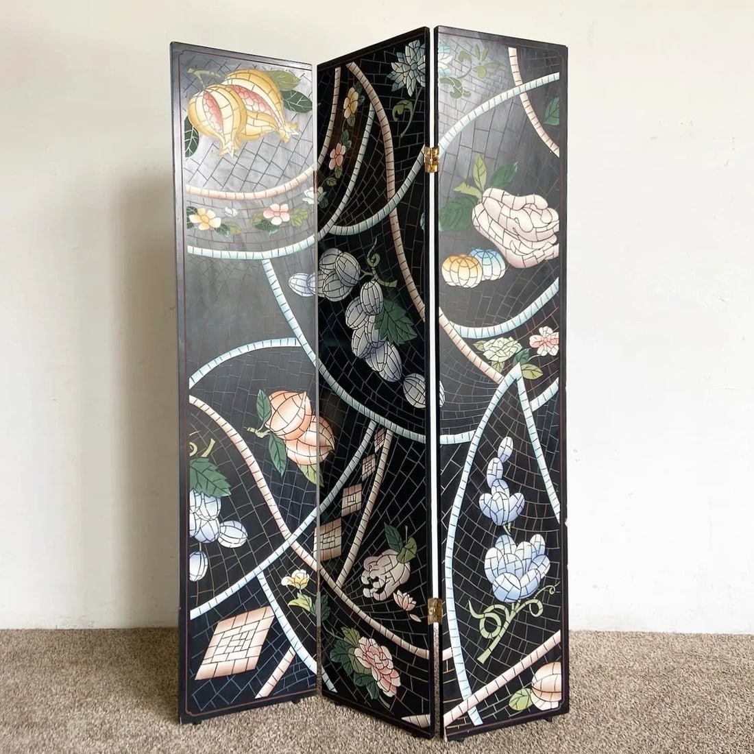 Chinese Hand Carved and Painted Room Divider - 3 Panels - 10