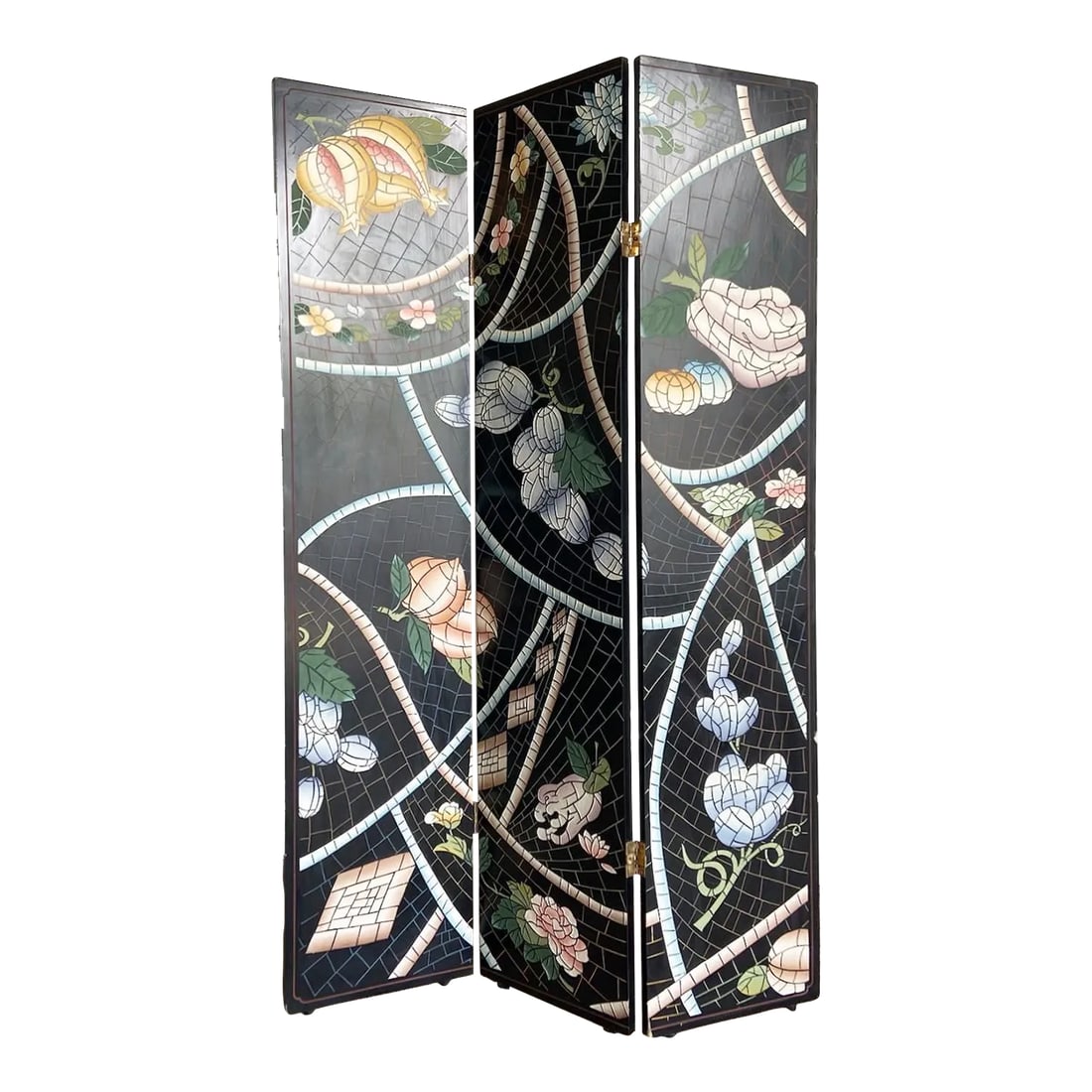 Chinese Hand Carved and Painted Room Divider - 3 Panels: Wonderful vintage Chinese black lacquered 3 panel room divider. Features a hand carved and painted floral design on both sides. Each panel measures 15.75"W Condition: Alterations: Original Condition