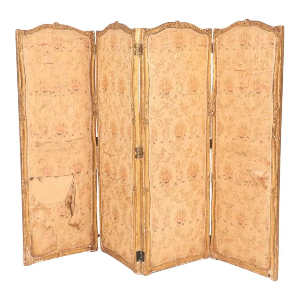 Louis XV Style 19th Century French 4-Panel Gilt Upholstered Vanity Screen Room Divider (1 of 10)