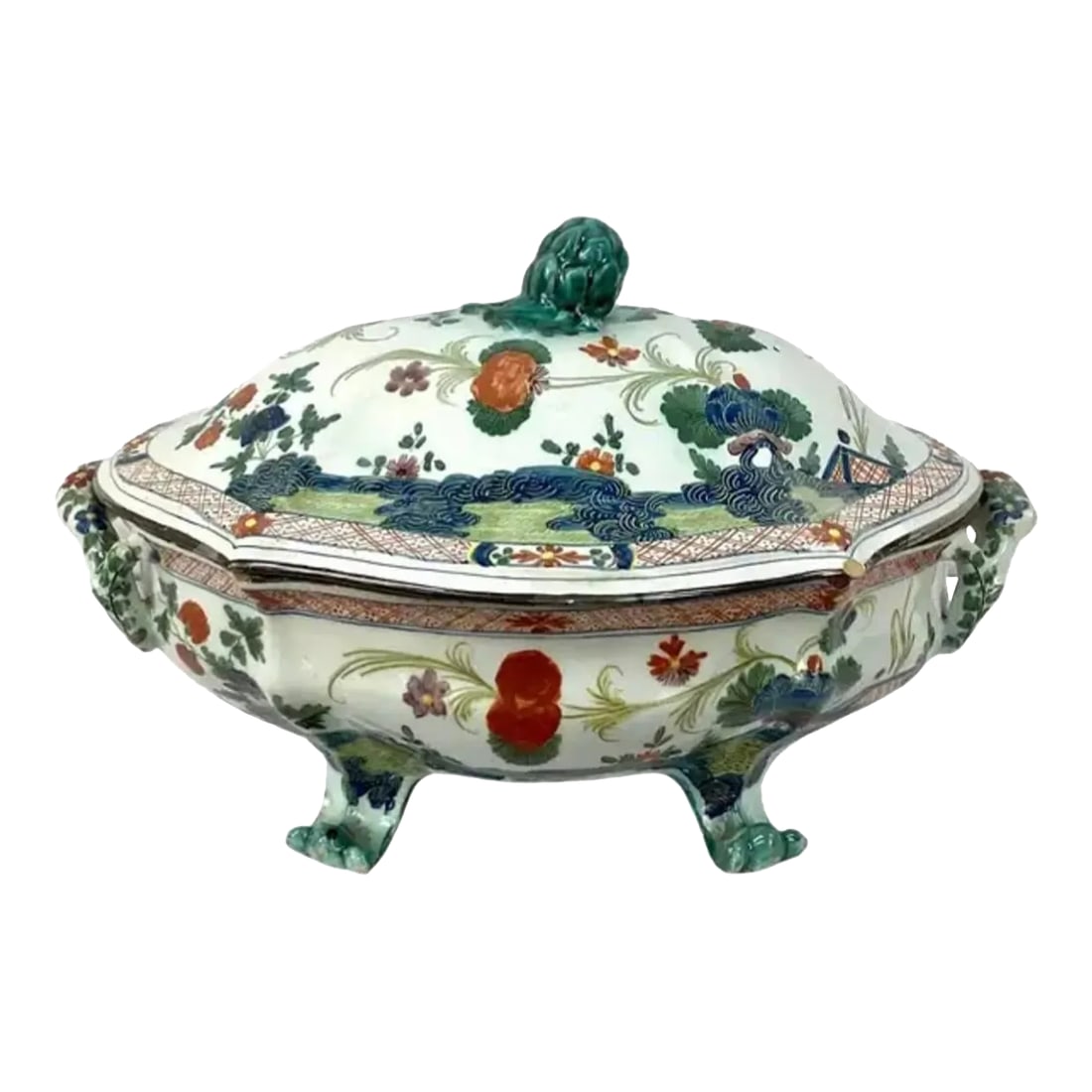 19th Century Italian Faenza Garofano Covered Tureen With Handles: Early 19th century Italian Faenza Garofano tureen with lid and handles. Porcelain covered dish with artichoke-shaped grip. Features rich colors of green, blue and rust on a white background. A fine an
