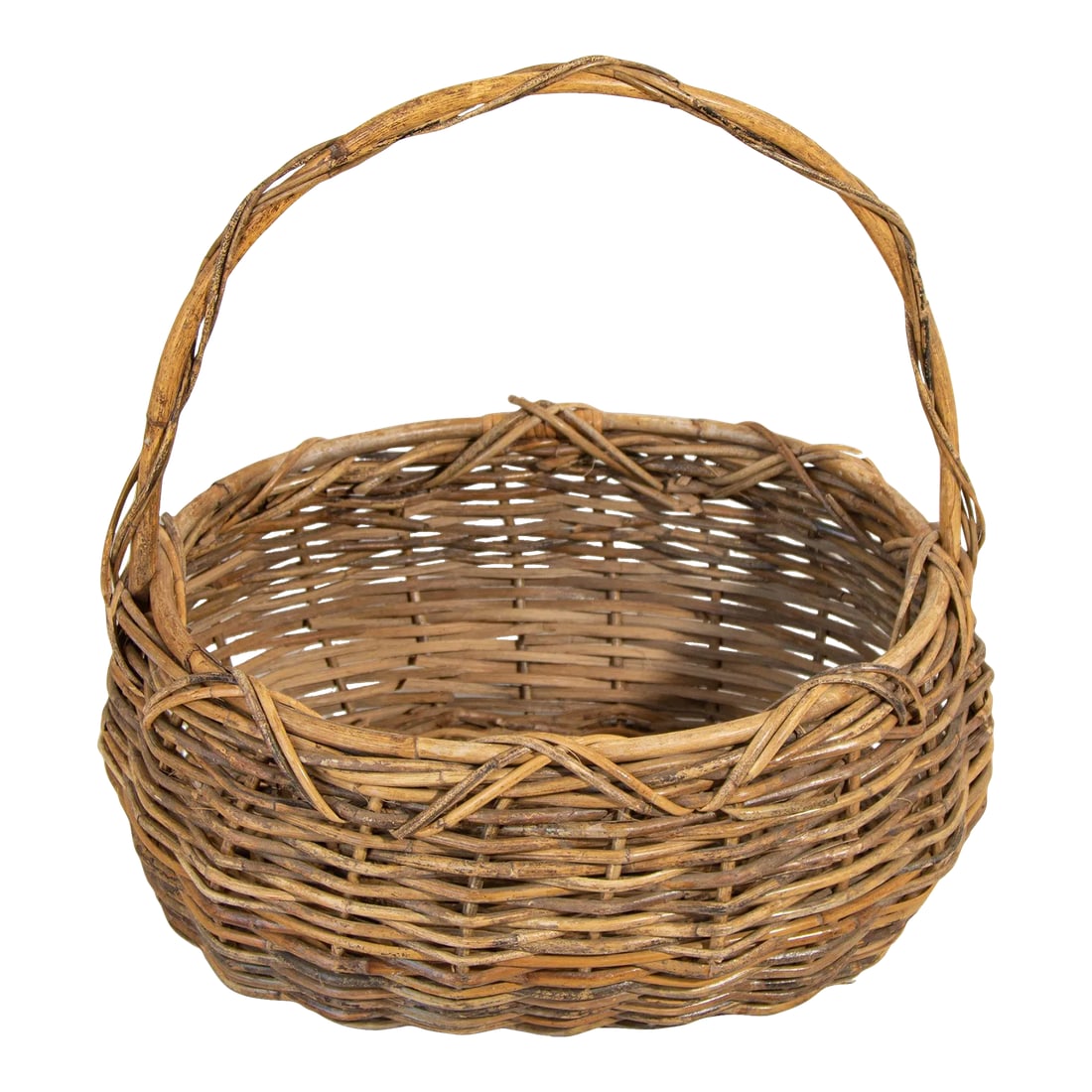 Large Antique French Provincial Grape Harvest Wicker Basket With Single Handle: Large Antique South of France Provincial Grape Harvest Basket Handwoven Wicker with single handle. Old weathered surface, great structural condition, circa 1940. This large woven basket features a