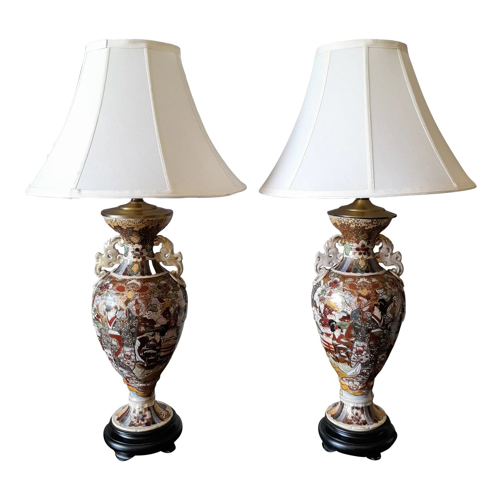 1960s Tall Pair of Japanese Satsuma Table Lamp Bases: I love the muted Earth Tone color scheme of these Exquisite lamps showing many Japanese scenes and symbols. A beautiful pair larger than some. To View all of my listings at Bill Trimble Home, Click
