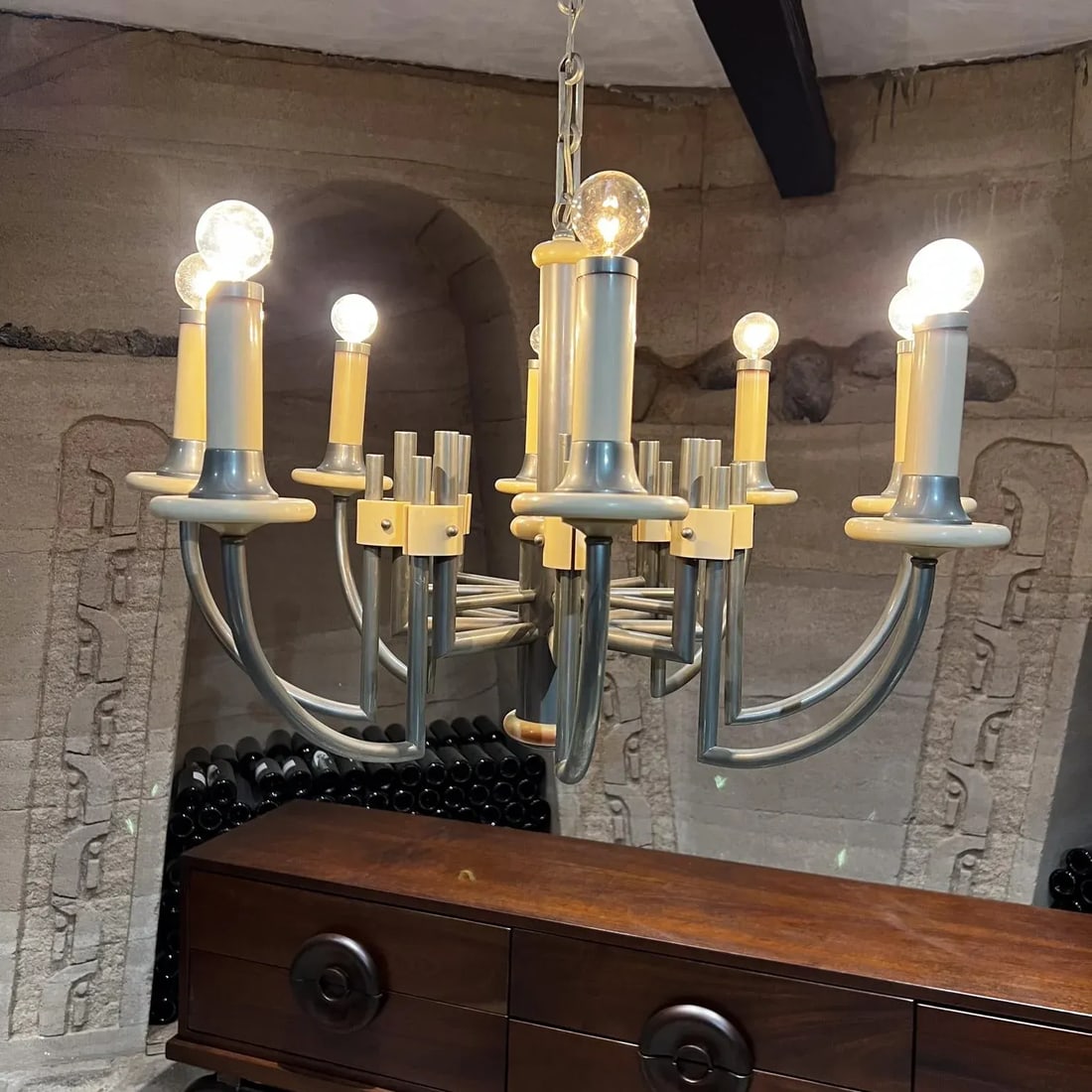 1940s Art Deco Chandelier, Eight Arm, Bakelite & Chrome, 34x31 Inches - 2