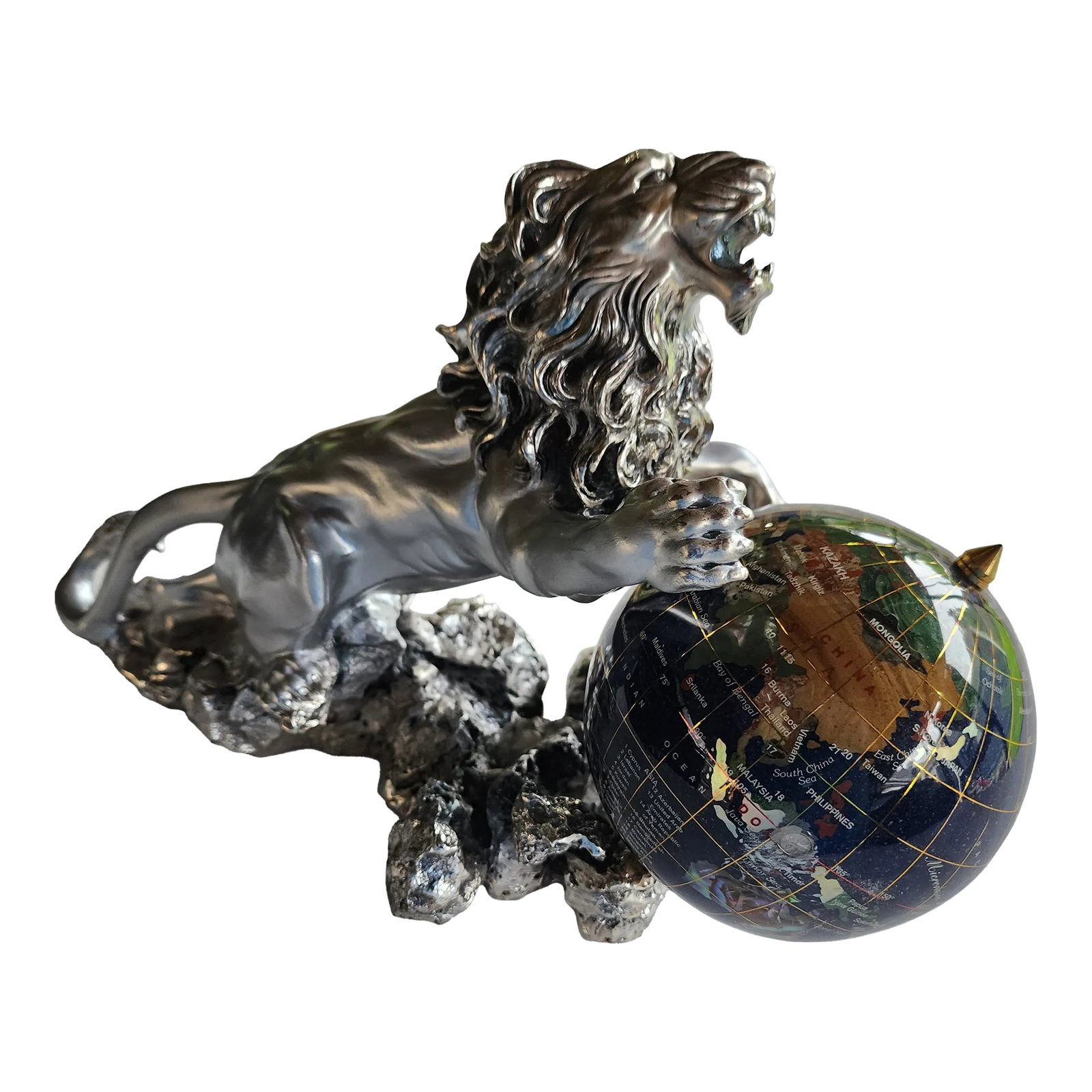 Vintage 1972 Brunel Preziosi d'Autore Silver Clad Lion and Gemstone Globe: 20th Century Italian sterling silver 925 over resin composition sculpture created by artist and sculptor Angelo Giannelli ( Italian, 1922 - 2005 ) for Brunel Preziosi D'Autore. It depicts a roaring