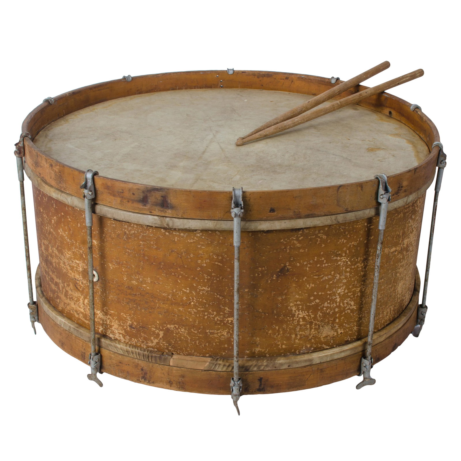 Antique Maple Bass Drum: Antique birdseye maple bass drum. Weathered finish with skin busted on one side. Includes sticks. 25 inches wide by 13 inches tall. Condition: Alterations: Original Condition Unaltered Imperfections: 