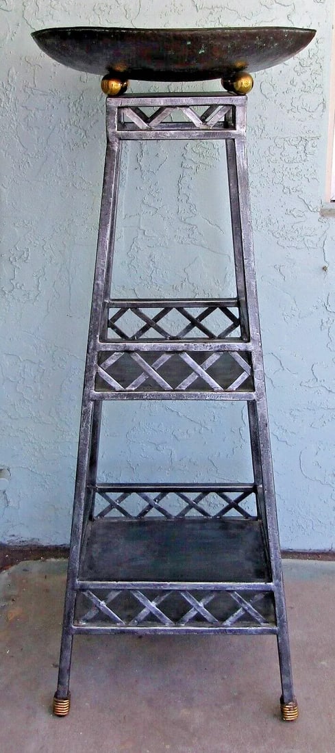 1990s Maitland-Smith Metal Two Shelf Copper Bowl Top Jardiniere Etagere Stand - 10