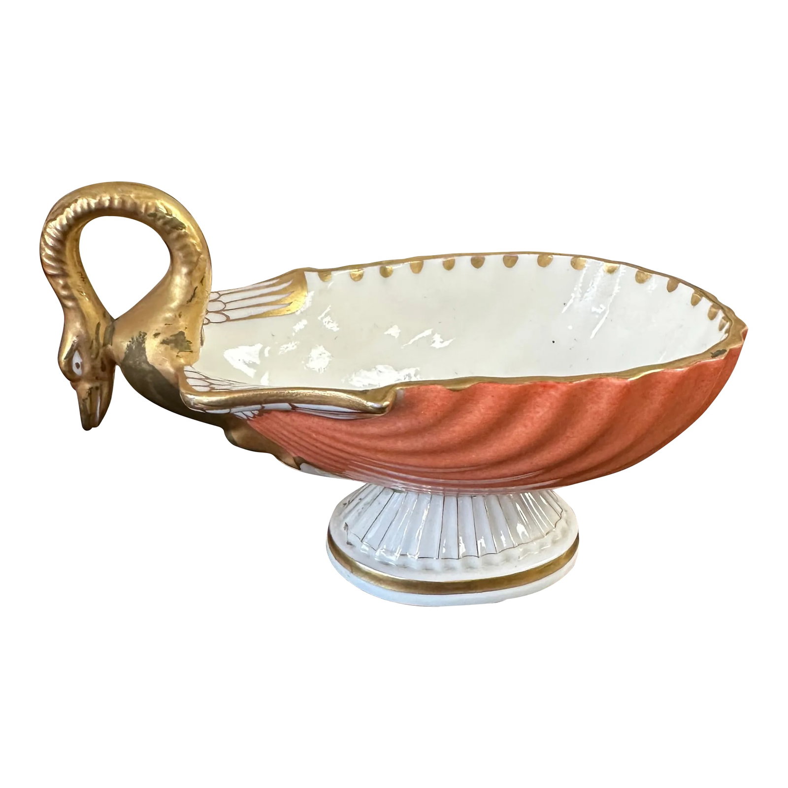 1980s Empire Style Mottahedeh Foot Shell Dish, Meissen or Old Paris Porcelain Style: A very nice foot shell dish from Mottahedeh In great shape. Minor darkening of the gold. Swan head and wings for handle Condition: Alterations: Original Condition Unaltered Imperfections: Some