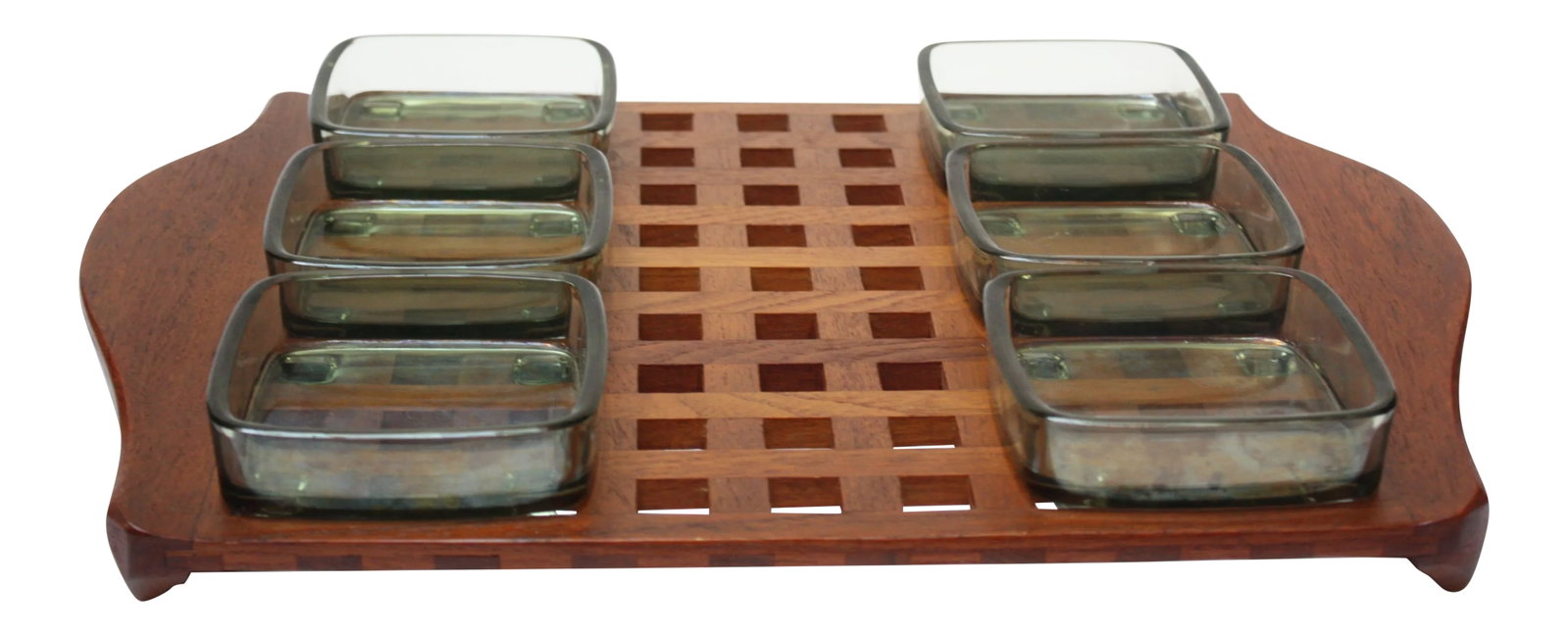 1960s Jens Quistgaard Dansk Teak Serving Tray With Inserts: Danish 1960s Jens Quistgaard teak lattice serving tray with green, tempered glass inserts. Each glass dish has feet, which fit perfectly into the grid. Aside from one spot of loss to the edge of one