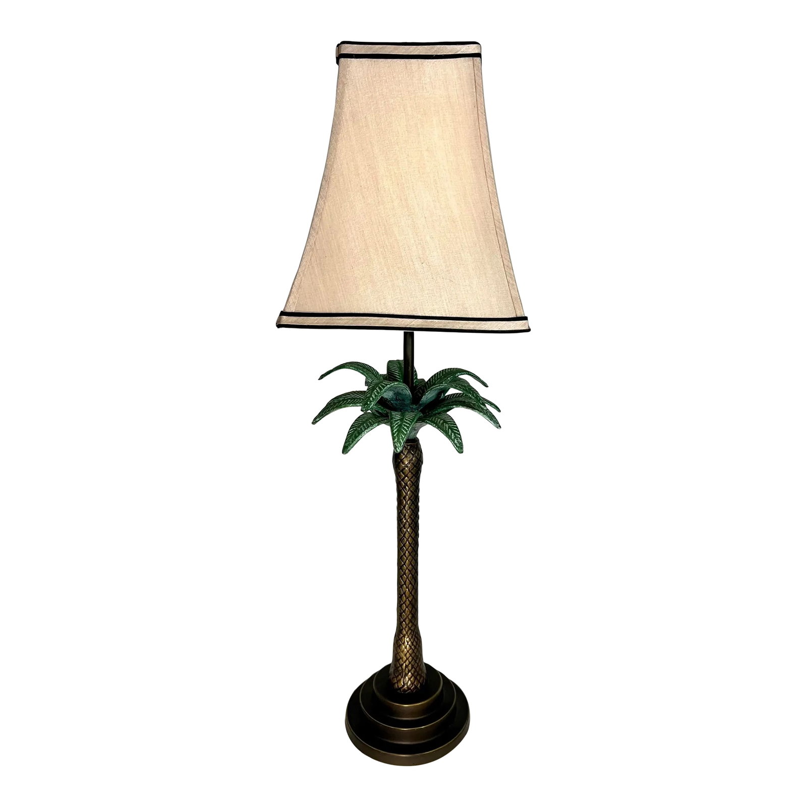 Vintage Palm Beach Regency Palm Tree Table Lamp: Welcome to Turtle and Crane! Step into the glamorous world of Vintage Hollywood Regency with this exquisite Palm Beach Style Tole Palm Tree Table Lamp. This lamp is a true statement piece that